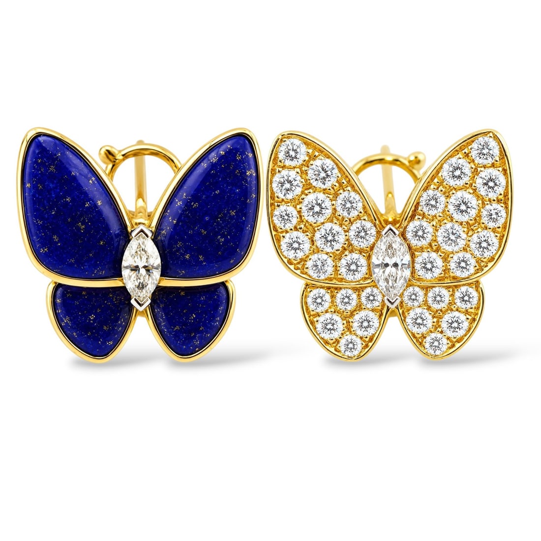 VAN CLEEF & ARPELS Two Butterfly earrings 18K Yellow White Gold Diamond Lapis Lazuli Two Butterfly: VAN CLEEF & ARPELS Two Butterfly earrings18K Yellow White Gold Diamond Lapis Lazuli Two Butterfly EarringsThis is an authentic pair of VAN CLEEF & ARPELS 18K Yellow White Gold Diamond Lapis Lazuli Two