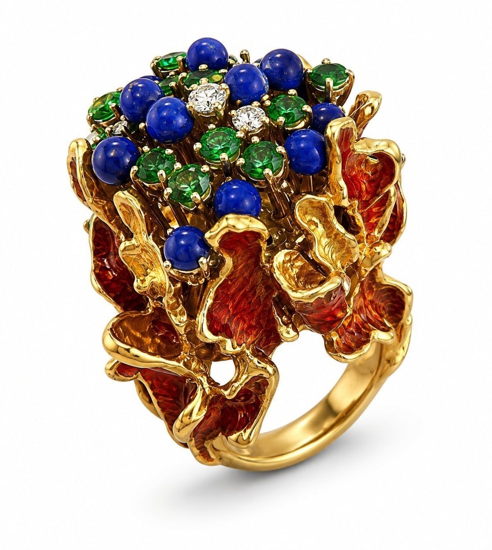 18K Yellow Gold Diamond Emerald Sapphire and Red Enamel Statement Ring: 18K Yellow Gold Diamond Emerald Sapphire and Red Enamel Statement RingA unique large scale statement ring crafted in yellow gold with a bold sculptural form and richly detailed gemstone design. The co