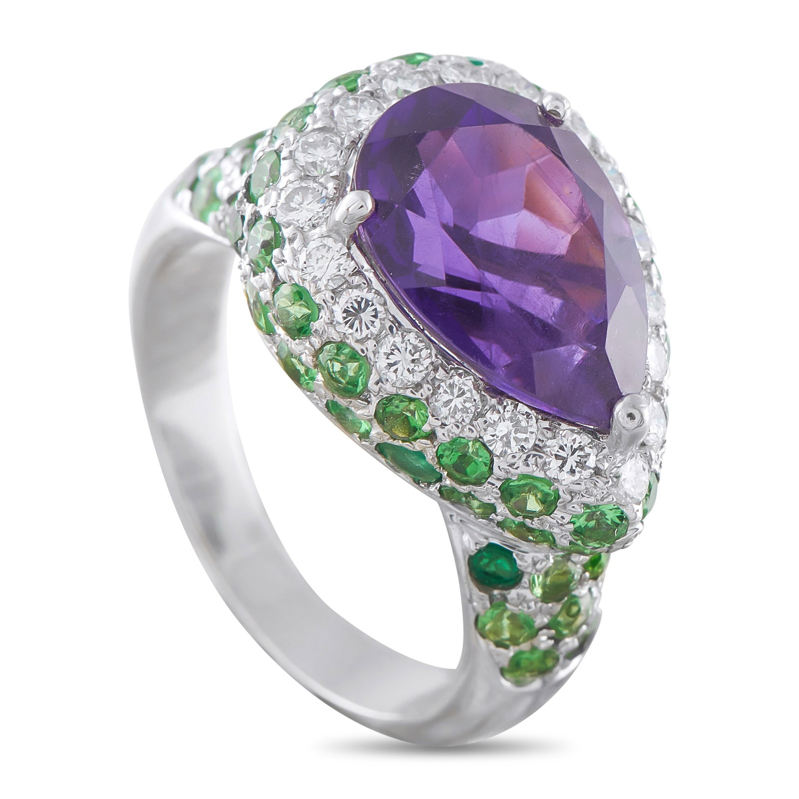 14K White Gold 0.50ct Diamond, Amethyst, and Tsavorite Ring: This ring offers a unique design that will continually captivate. The pear-shaped Amethyst center stone is elegantly offset by green Tsavorite gemstones. Sparkling Diamonds with a total weight of 0.50