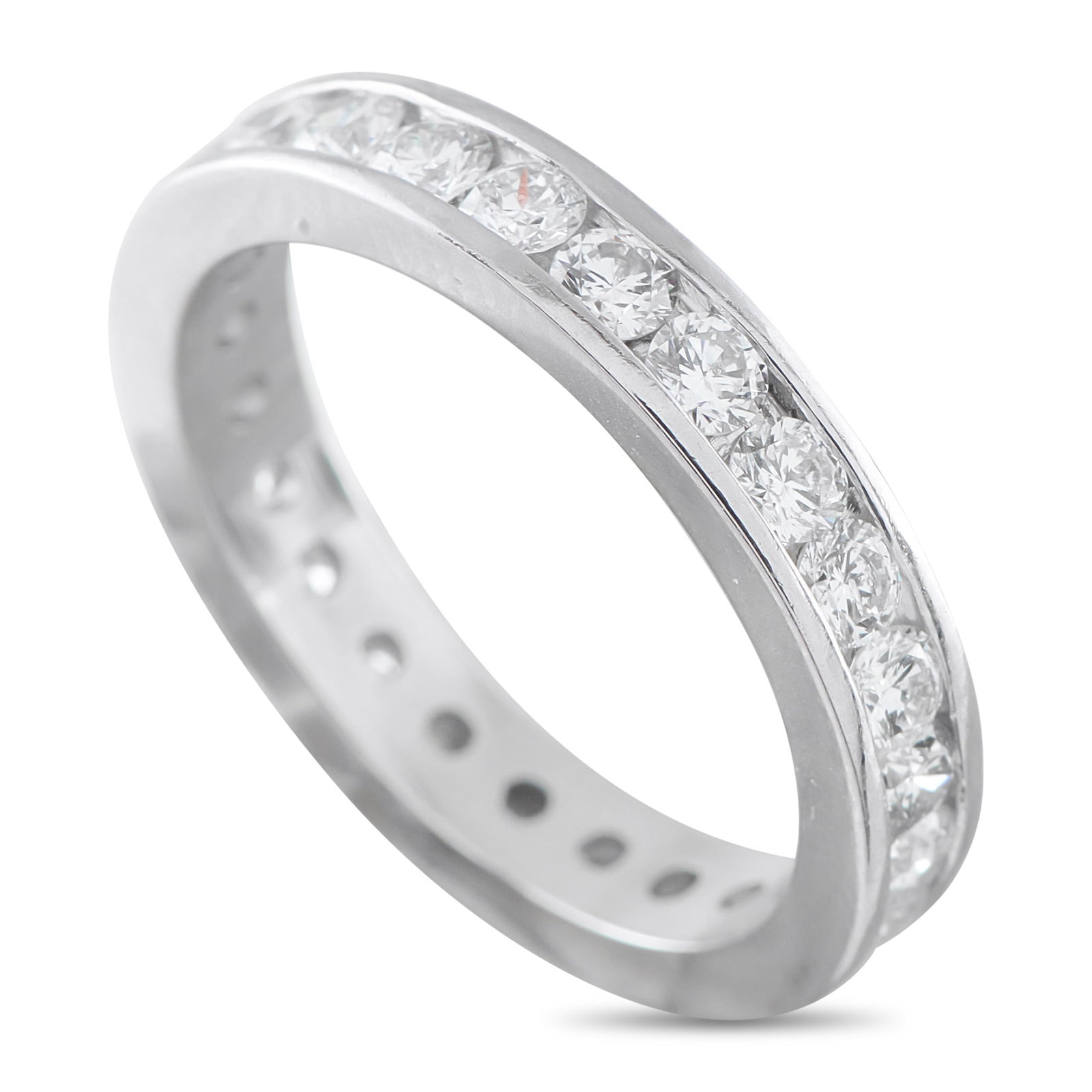 Platinum 1.50ct Diamond Eternity Band: Channel-set Diamonds with a total weight of 1.50 carats encircle the entirety of this eternity band. Set in Platinum, this radiant ring measures 4mm wide and features a 3mm top height – allowing it 