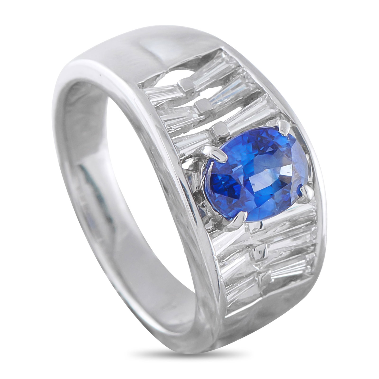 Platinum 0.50ct Diamond and Sapphire Ring: This luxury ring will continually capture your imagination. Openwork details paired with a bold Platinum setting provide beautiful balance, while Diamonds totaling 0.50 carats highlight the unique des