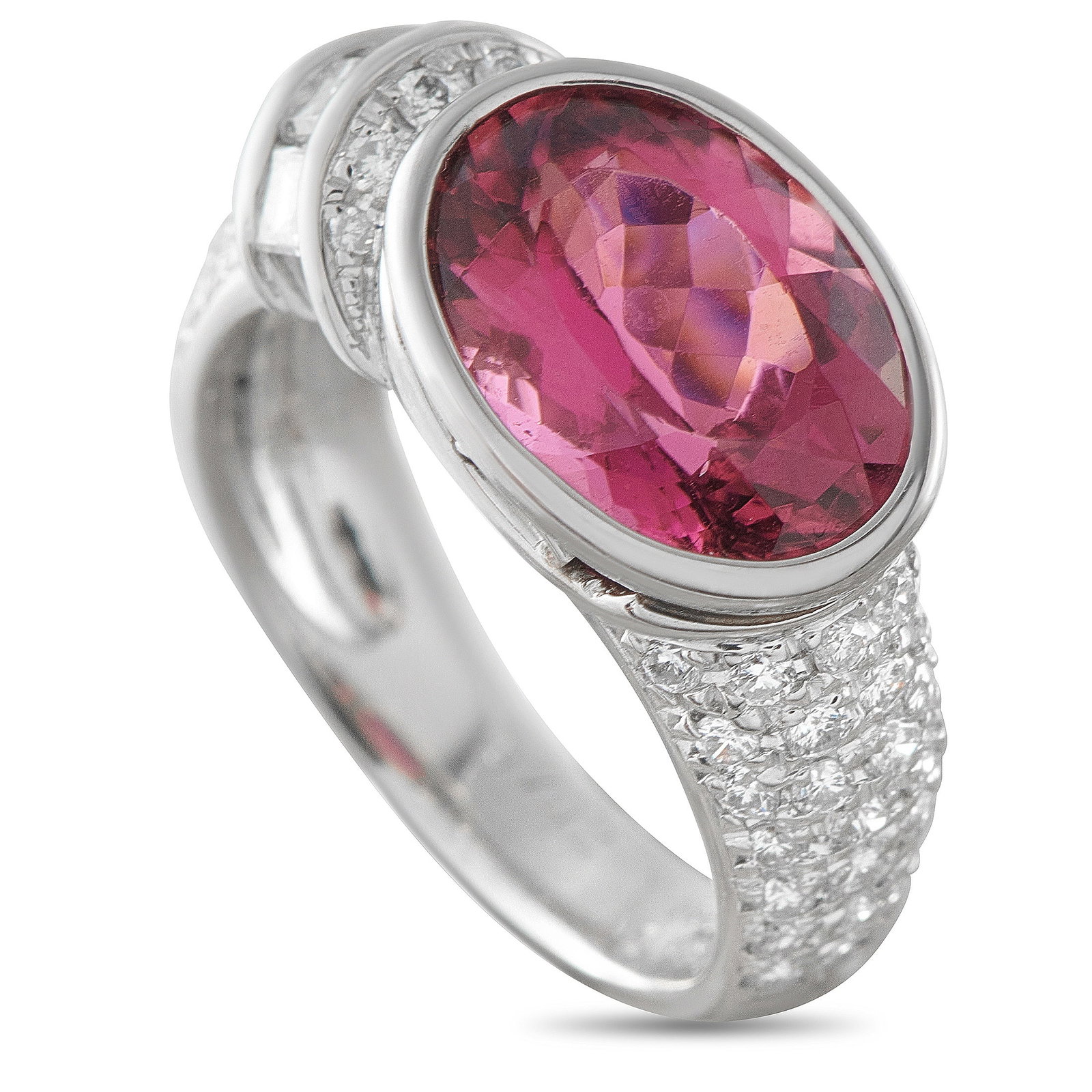 Platinum 0.79ct Diamond and Rubellite Ring: A radiant 4.05 carat Rubellite gemstone makes a statement at the center of this piece’s Platinum setting. Adorned with Diamond accents totaling 0.79 carats, this piece features a 4mm wide band and a
