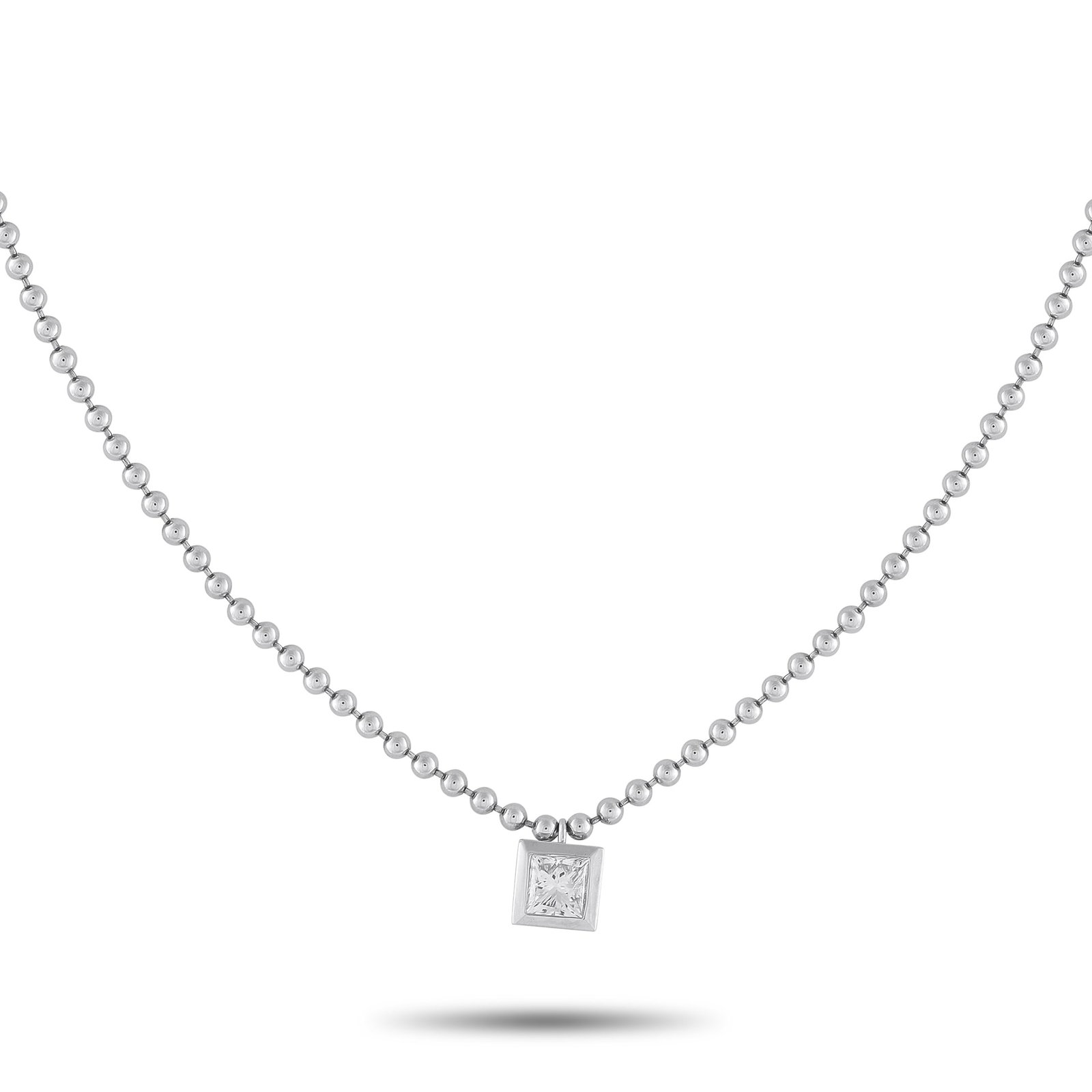 18K White Gold 0.52ct Diamond Necklace: This sophisticated necklace offers contemporary elegance. At the center of the 16” ball chain, an 18K White Gold square-shaped pendant measuring 0.25” long by 0.25” wide makes a