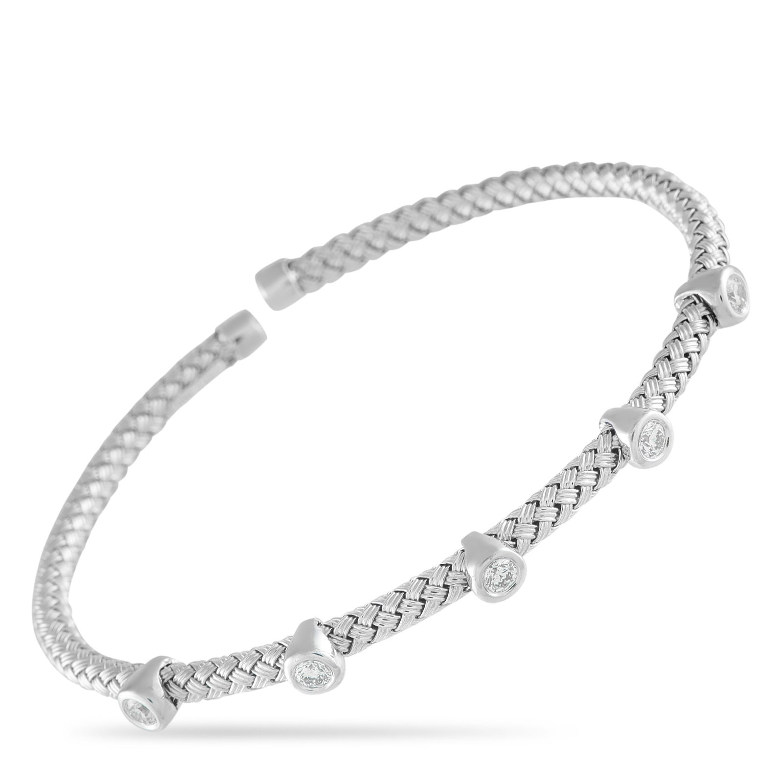 14K White Gold 0.54ct Diamond Woven Bangle: Light on the wrist and easy to style, this white gold bangle brings a polished touch to everything. The open bangle features a woven design that gives the piece a handcrafted texture. Five bezel-set