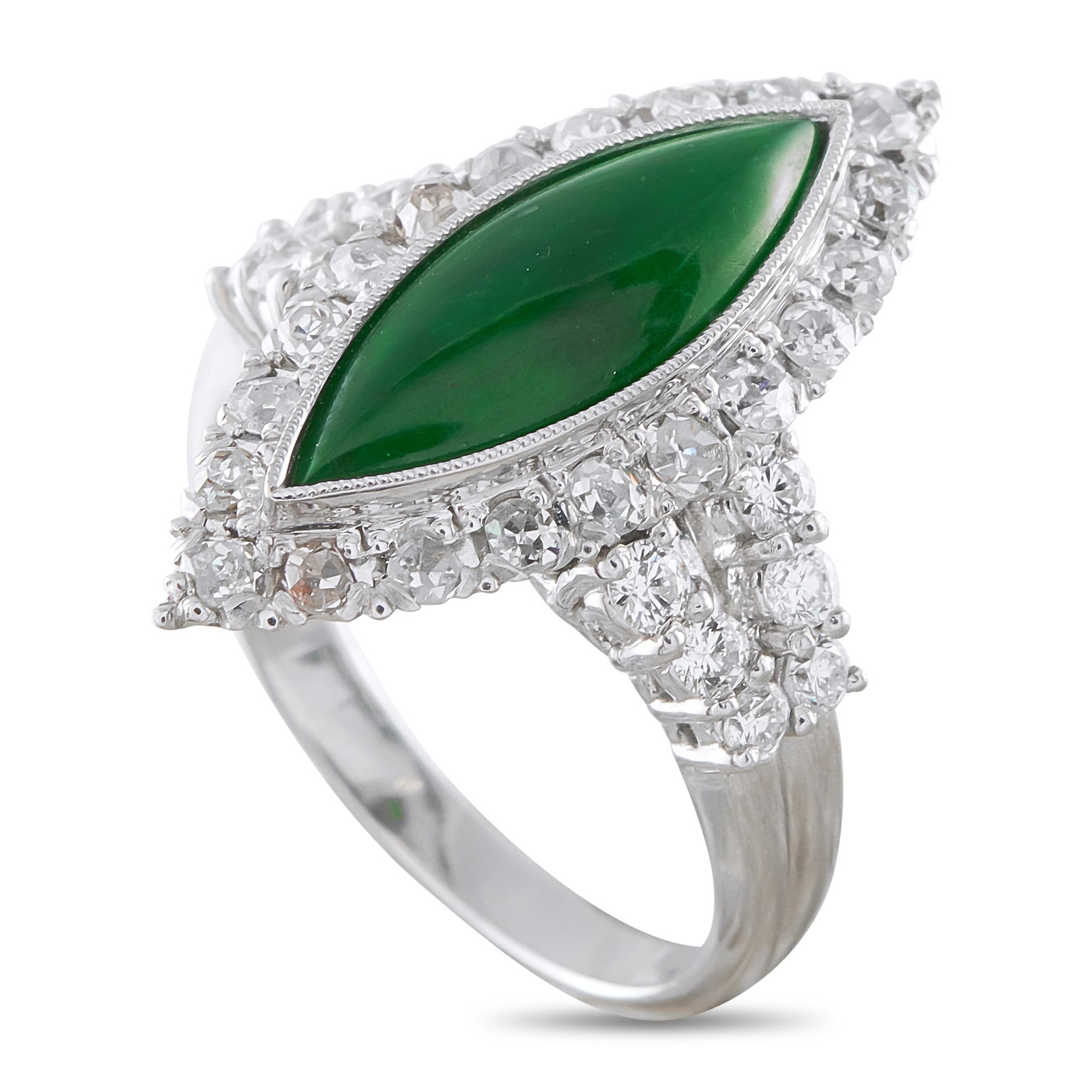 Platinum 0.75ct Diamond and Jade Ring: This luxury ring exudes classic elegance. A marquise-cut Jade center stone elevates the uniquely elegant Platinum setting. Sparkling Diamonds with a total weight of 0.75 carats make it simply breathta