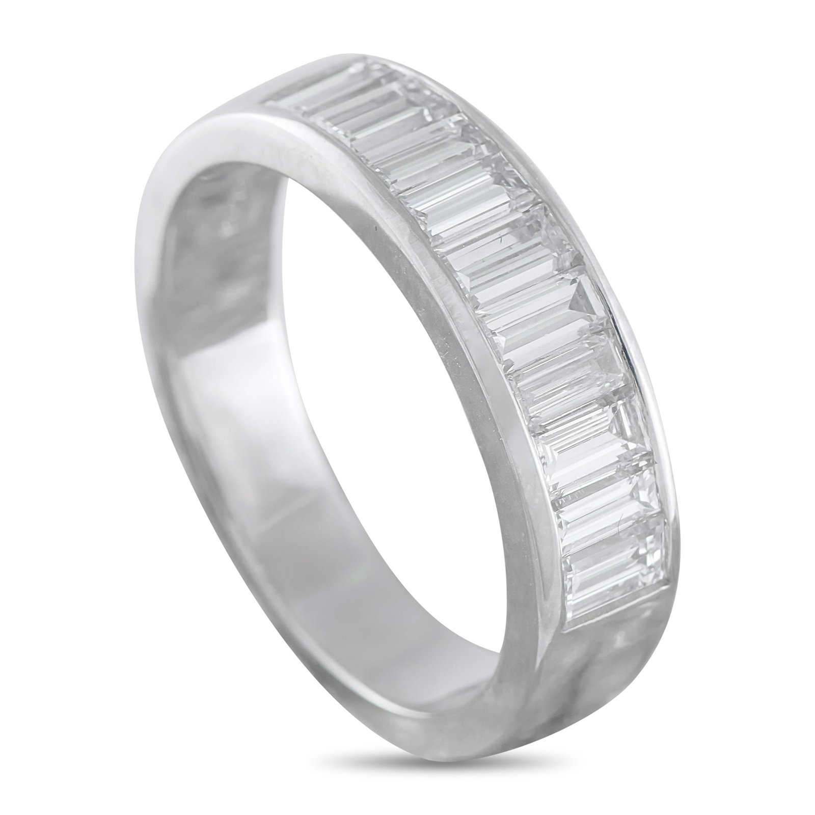 18K White Gold 1.36ct Diamond Half-Eternity Band: A series of step-cut Diamonds with a total weight of 1.36 carats effortlessly catch the light from their place within this simple, elegant band ring. Set in 18K White Gold, it measures 4mm wide and fe