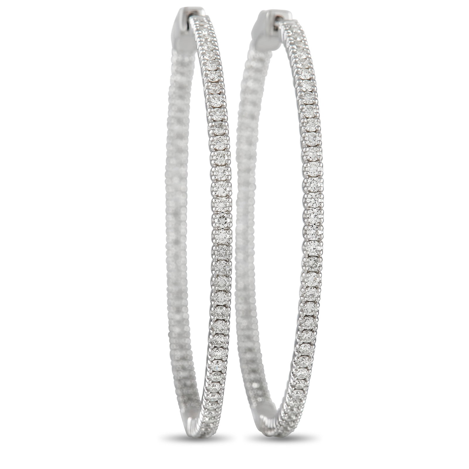 14K White Gold 1.77ct Diamond Inside-Hoop Earrings: Elevate any ensemble by adding these refined hoop earrings. Adorned with diamonds totaling 1.77 carats, these exquisite earrings feature a sleek 14K White Gold setting that measures 1.75”