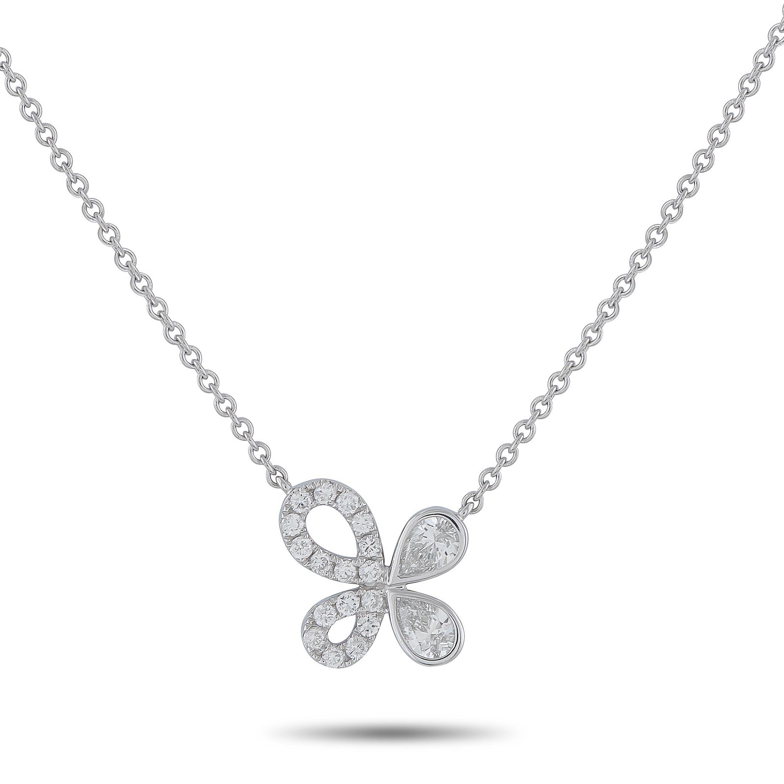 18K White Gold 0.95ct Diamond Pendant: This exquisite necklace offers a stylish sense of fluidity. Crafted from 18K White Gold, Diamonds with a total weight of 0.95 carats add elegance to the stunning, asymmetrical pendant. The pendant