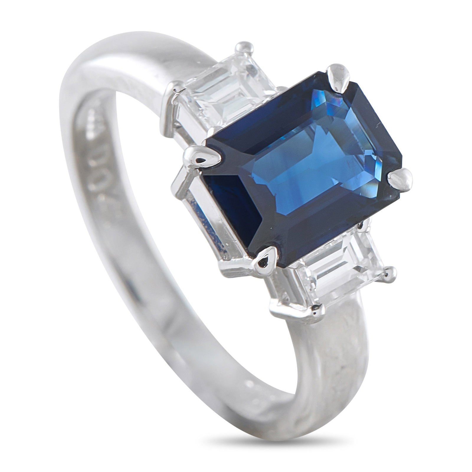 Platinum 0.41ct Diamond and Sapphire Ring: A 1.98 carat Sapphire makes a statement at the center of this elegant ring. Set in Platinum, Diamonds totaling 0.41 carats flank the center stone and offer additional sparkle. A 2mm wide band and a 6m