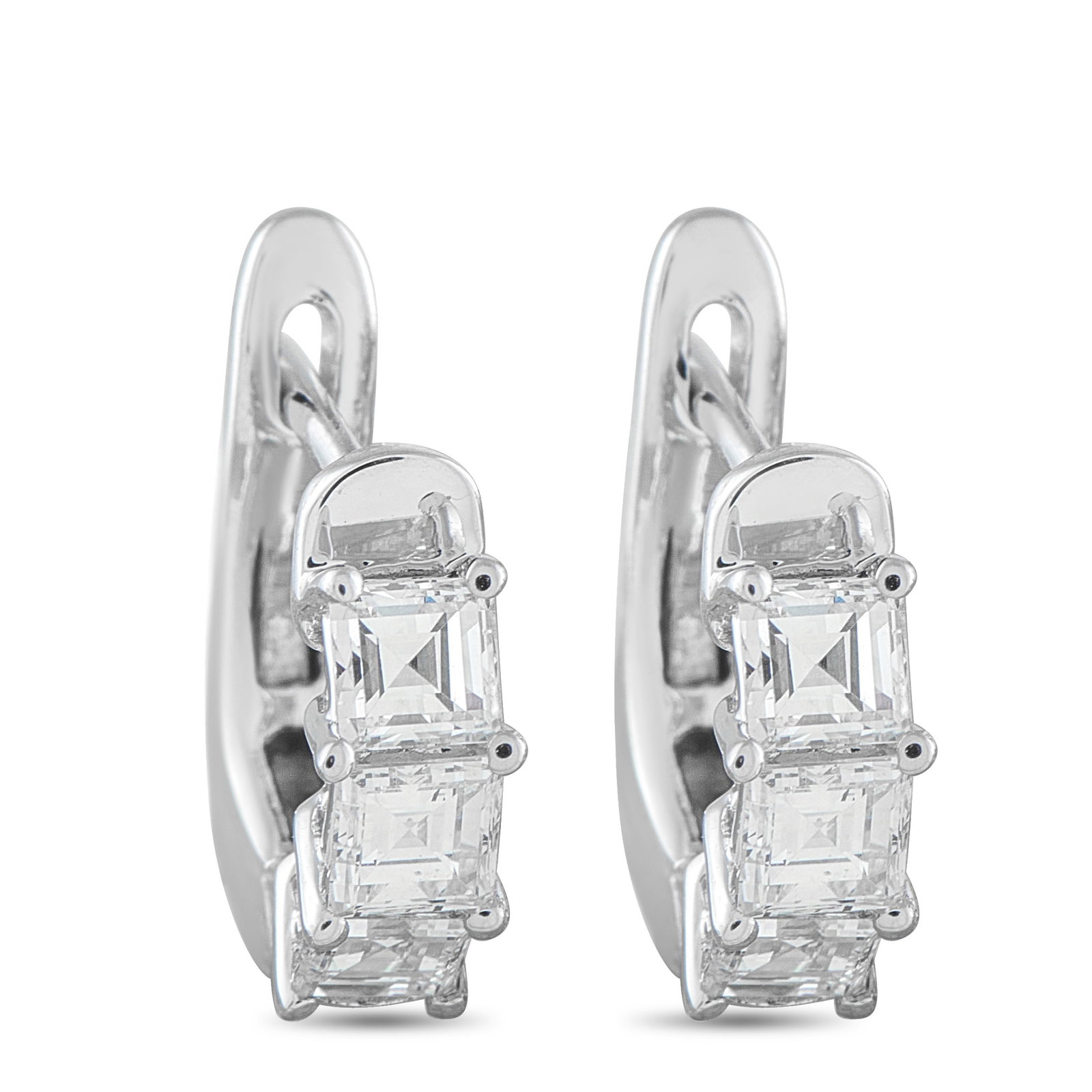 18K White Gold 1.10ct Diamond Earrings: These sophisticated earrings will never go out of style. Set in 18K White Gold, square-cut Diamonds totaling 1.10 carats offer endless sparkle. Each earring measures 0.44” round, making them the