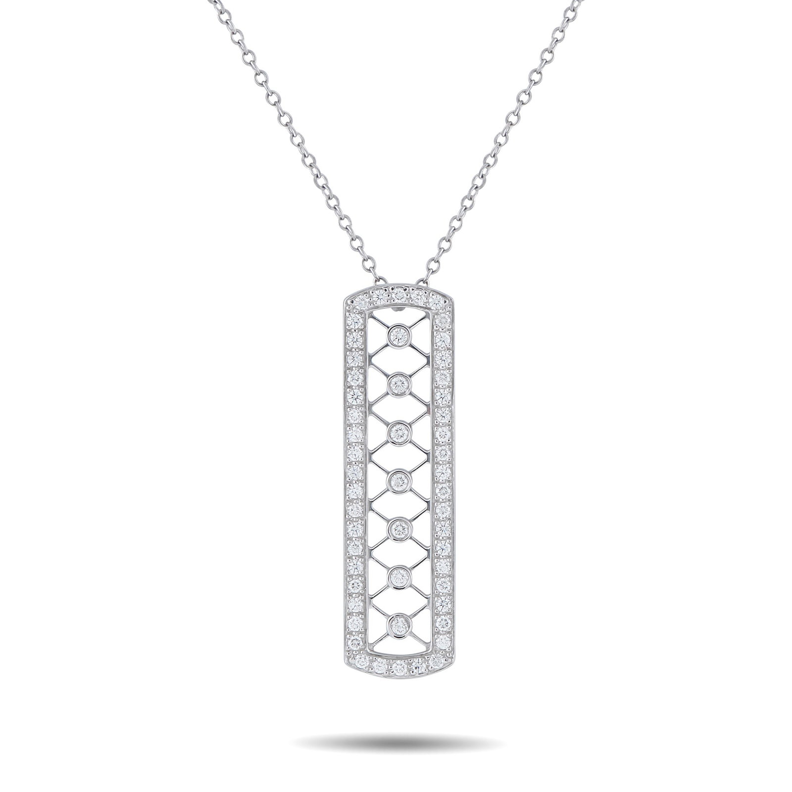 TIFFANY & CO. Tiffany & Co. Voile Platinum 0.30ct Diamond Bar Necklace: This Tiffany & Co. Voile Bar necklace features intricate Platinum metalwork in an openwork design. Diamonds with a total weight of 0.30 carats enhance the appeal of this delicate, airy accessory. The