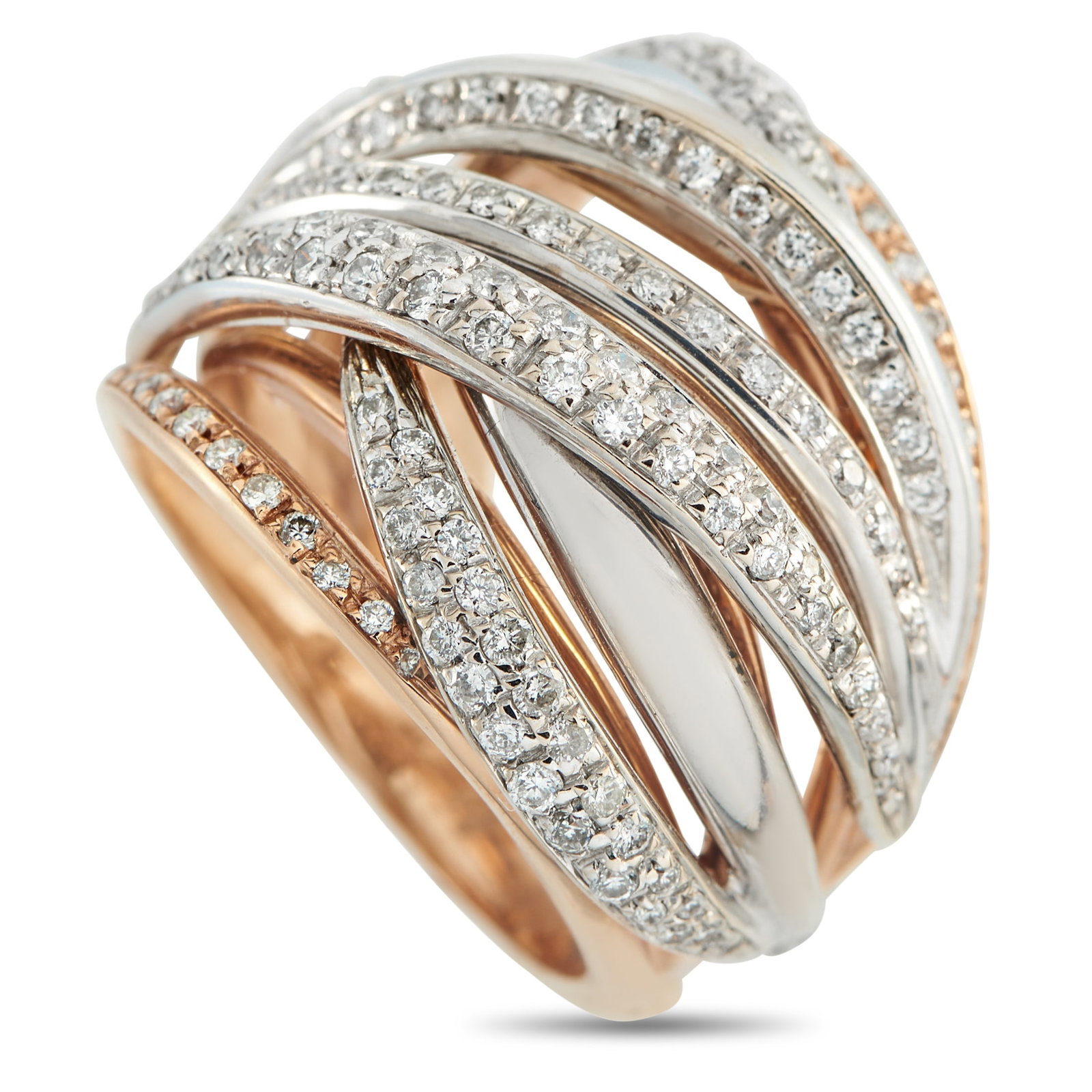 14K Rose and White Gold 1.70ct Diamond Ring: A dynamic two-toned design makes this luxury ring a work of art. Sparkling Diamonds with a total weight of 1.70 carats add elegance to the intricate setting, which is crafted from a combination of 14K