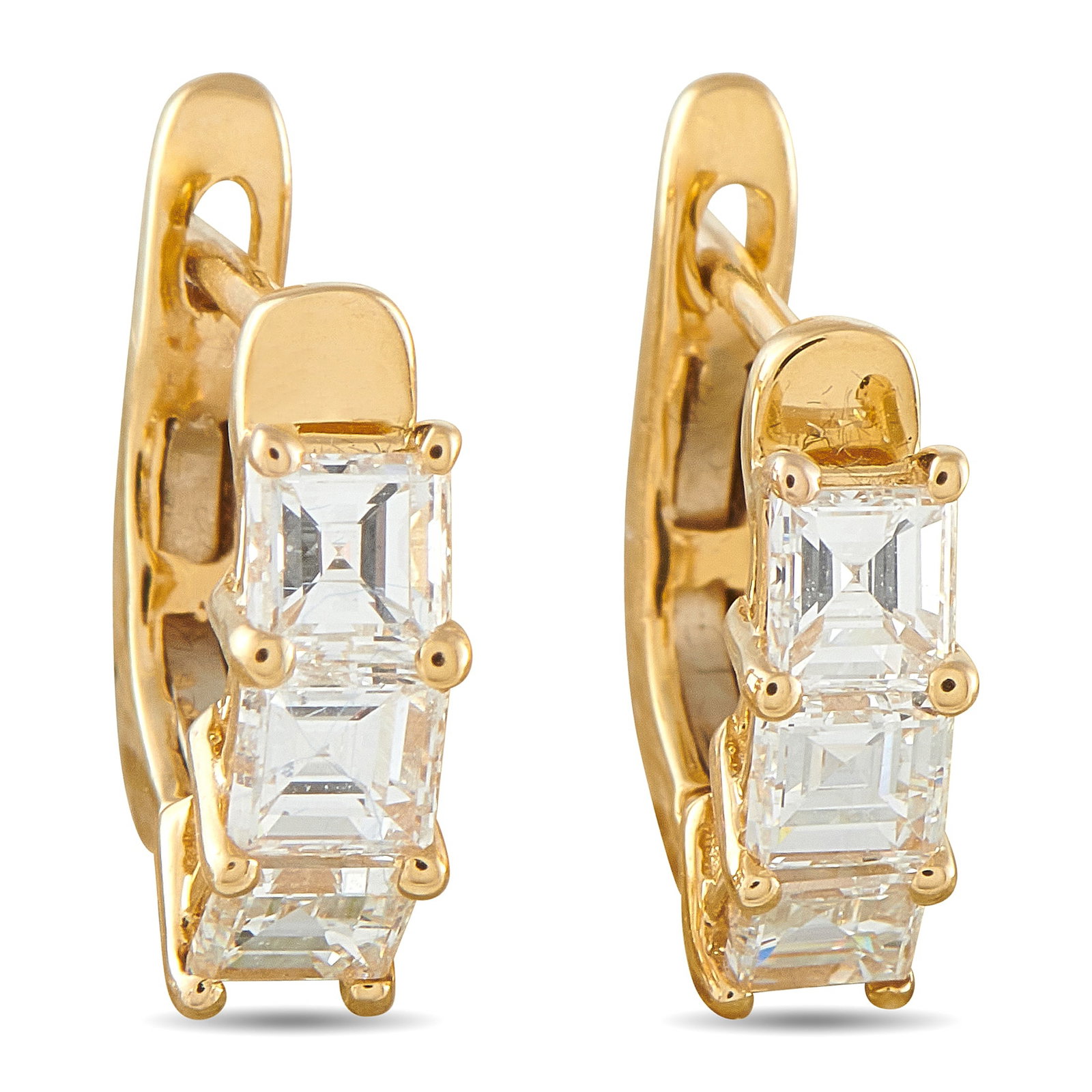 18K Yellow Gold 1.35ct Diamond Earrings: These luxury earrings will never go out of style. Set in 18K Yellow Gold, square-cut Diamonds with a total weight of 1.35 carats provide the perfect amount of sparkle. Each one measures 0.30”