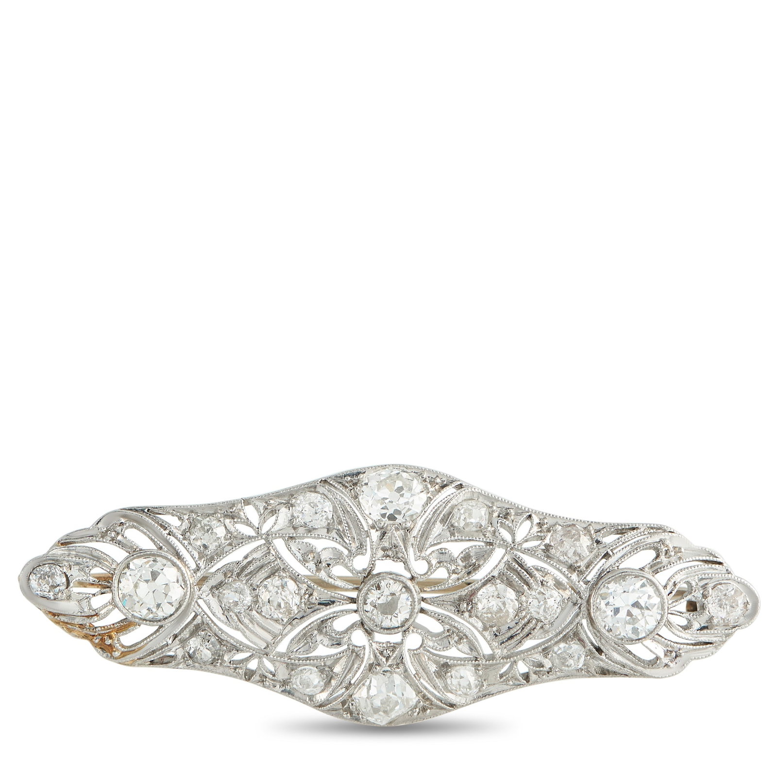 Platinum 1.75ct Diamond Brooch: This luxury brooch will add sophistication to any ensemble. Set in Platinum, Diamonds with a total weight of 1.75 carats make it an heirloom piece that will never go out of style. It measures 0.60&rdq