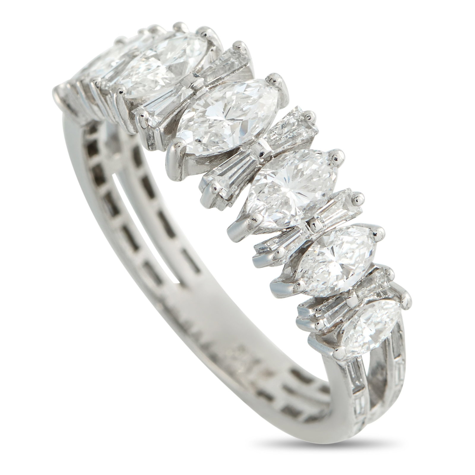 18K White Gold 2.20ct Diamond Ring: This luxury ring is full of varied textures, shapes, and materials. Crafted from 18K White Gold, a series of sparkling Diamonds totaling 2.20 carats illuminate the simple, elegant setting. It
