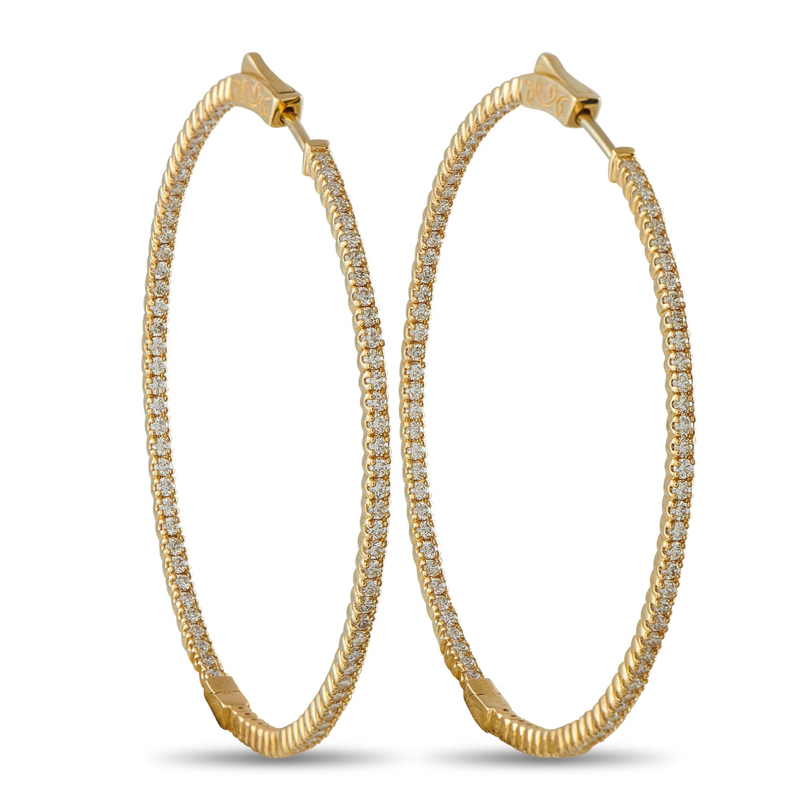 14K Yellow Gold 1.80ct Diamond Inside-Out Hoop Earrings: An elegant, understated design makes these hoop earrings appropriate for any occasion. Crafted from 14K Yellow Gold, Diamonds with a total weight of 1.80 carats allow them to effortlessly catch the li
