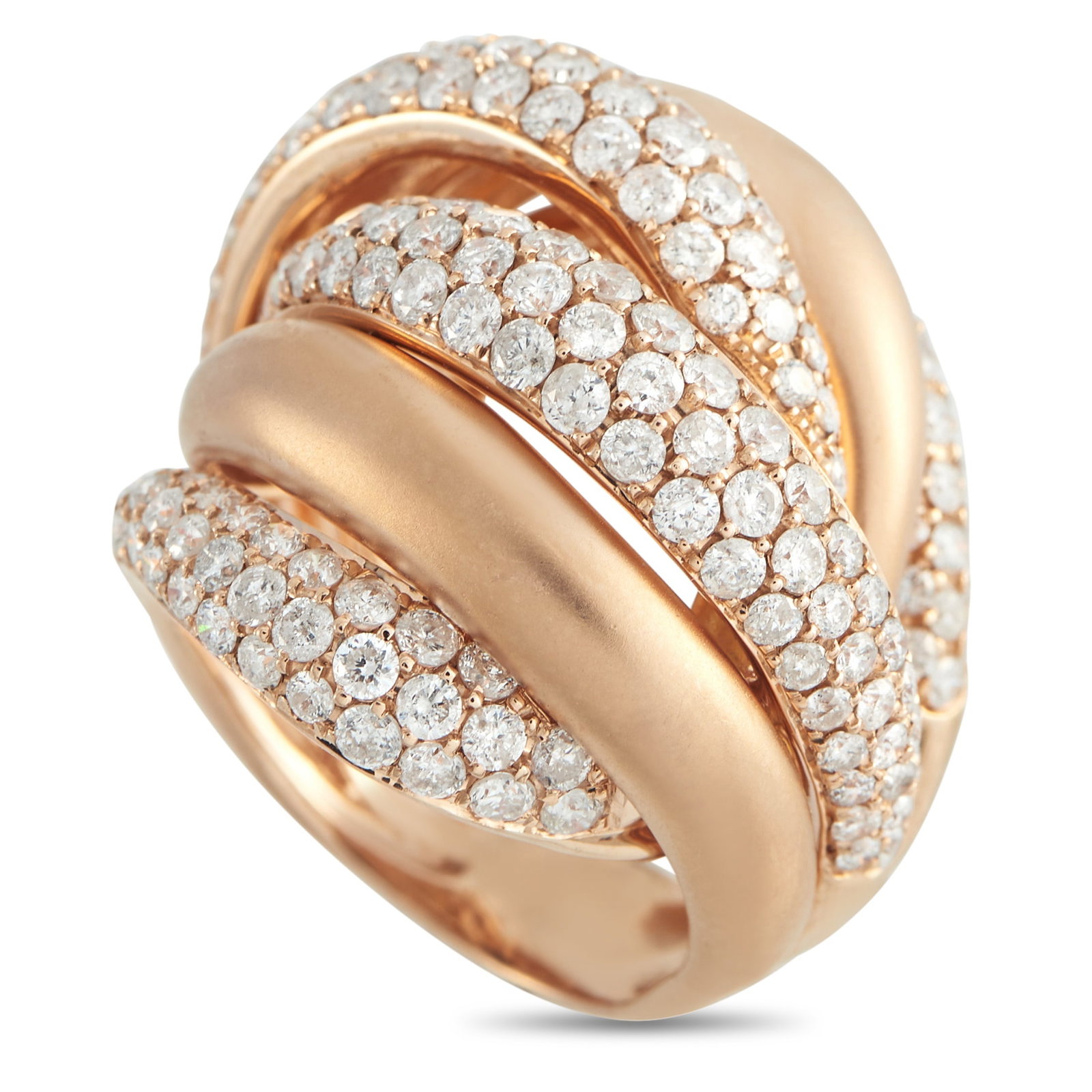 14K Rose Gold 3.25ct Diamond Ring: A curved 14K Rose Gold setting provides this luxury ring with a stunning sense of movement. Accented by Diamonds with a total weight of 3.25 carats, it effortlessly catches the light and emits endless