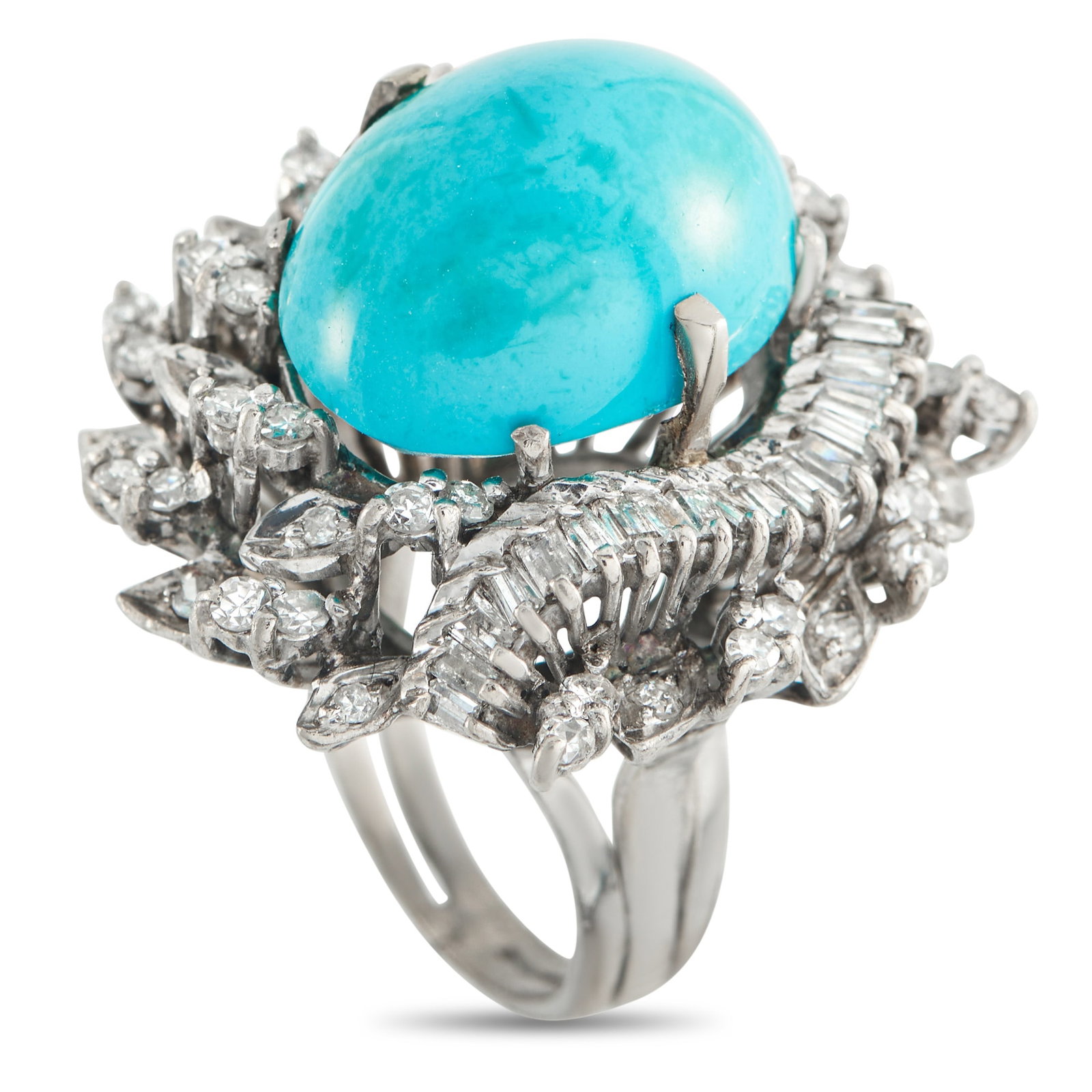 14K White Gold 1.30ct Diamond and Turquoise Ring: This luxury ring will continually make a statement. The detailed 14K White Gold setting beautifully showcases sparkling Diamonds with a total weight of 1.30 carats. A 14.0 carat Turquoise center stone
