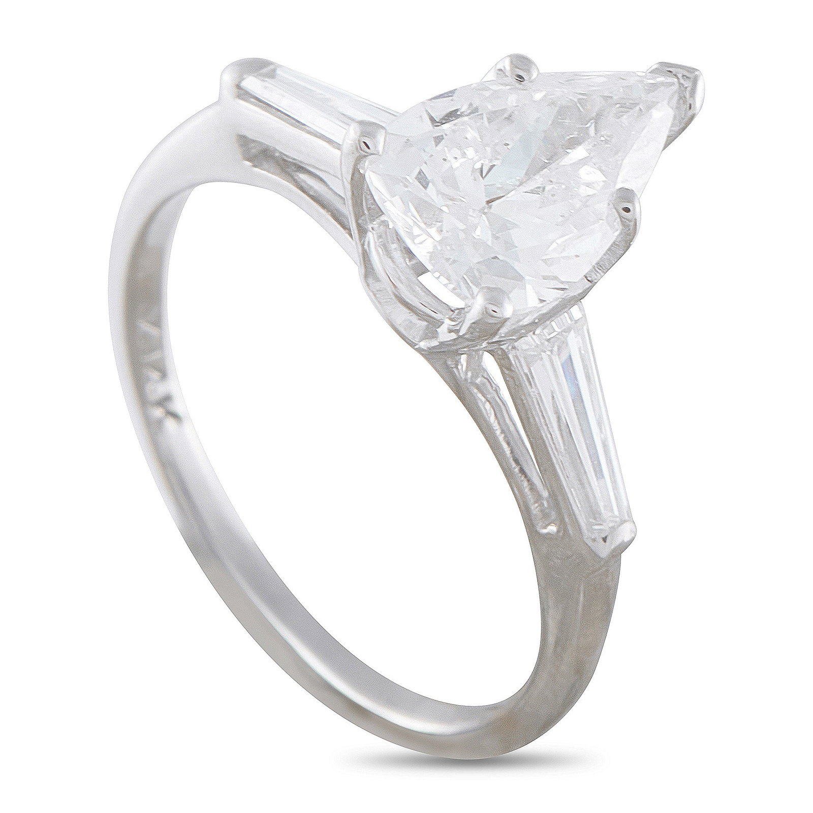 18K White Gold 1.79ct Diamond Ring: This luxury ring offers timeless sophistication. The simple, elegant design includes a 1.43 carat pear-shaped Diamond center stone accented by Diamond baguettes totaling 0.36 carats. Set in 18K White 