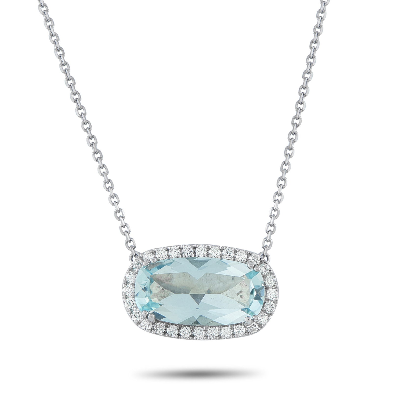 14K White Gold 0.70ct Diamond and Aquamarine Necklace: With nothing extraneous to distract the eye, this Exclusive piece demonstrates how simplicity and clarity create presence on their own. This 14K white gold necklace allows an 8.50-carat oval aquamarin