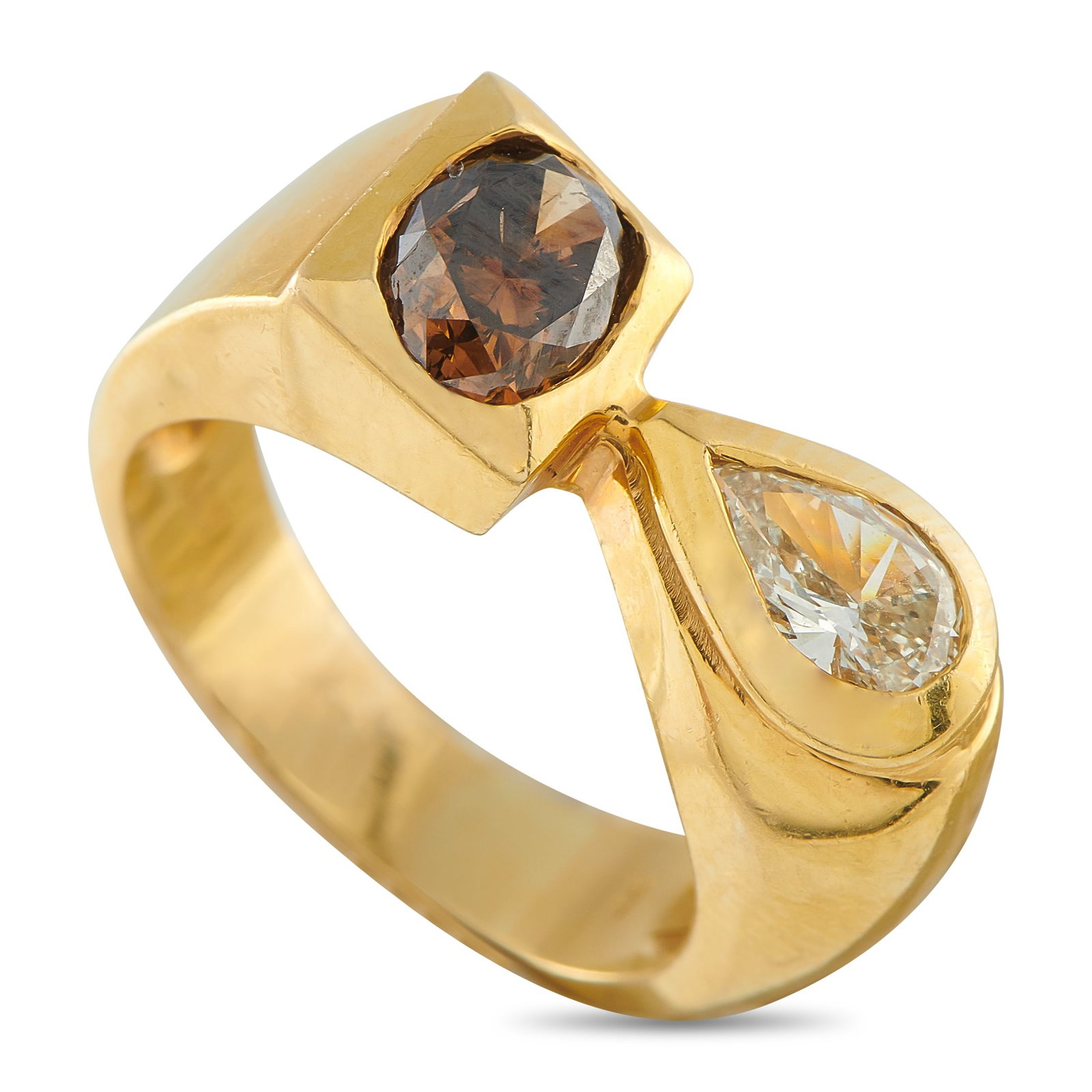 14K Yellow Gold 1.41ct Diamond Geometric Ring: Graphic. Bold. Form-driven. This sculptural Exclusive ring has a 14K yellow gold band formed by two contrasting ends that meet with intention. A 0.58 carat pear-shaped diamond connects directly to one