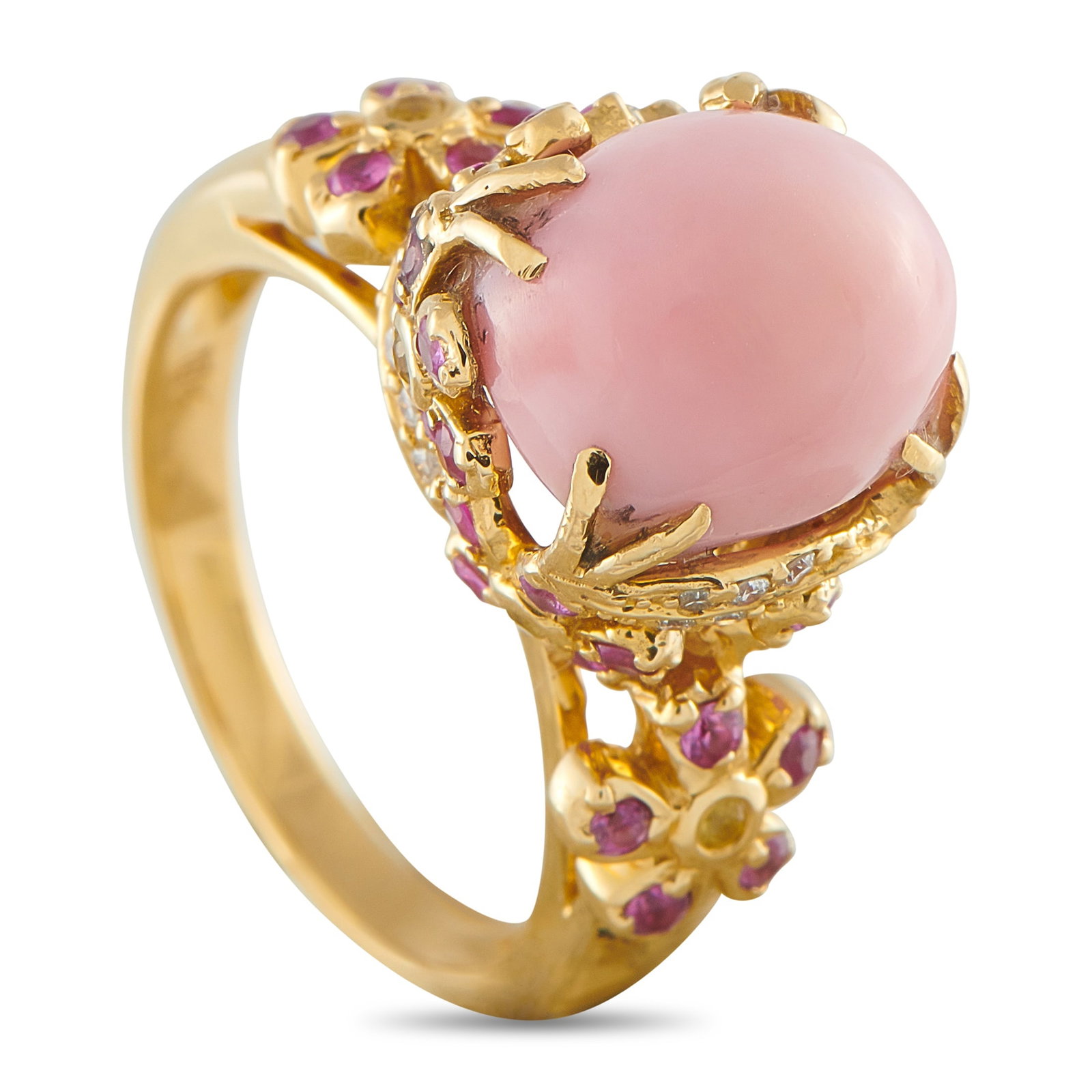 18K Yellow Gold Diamond and Conch Pearl Ring: This ring will add a playful pop of color to any ensemble. The detailed 18K Yellow Gold setting draws inspiration from nature, featuring floral motifs, vine-like design elements, and Diamond accents. 