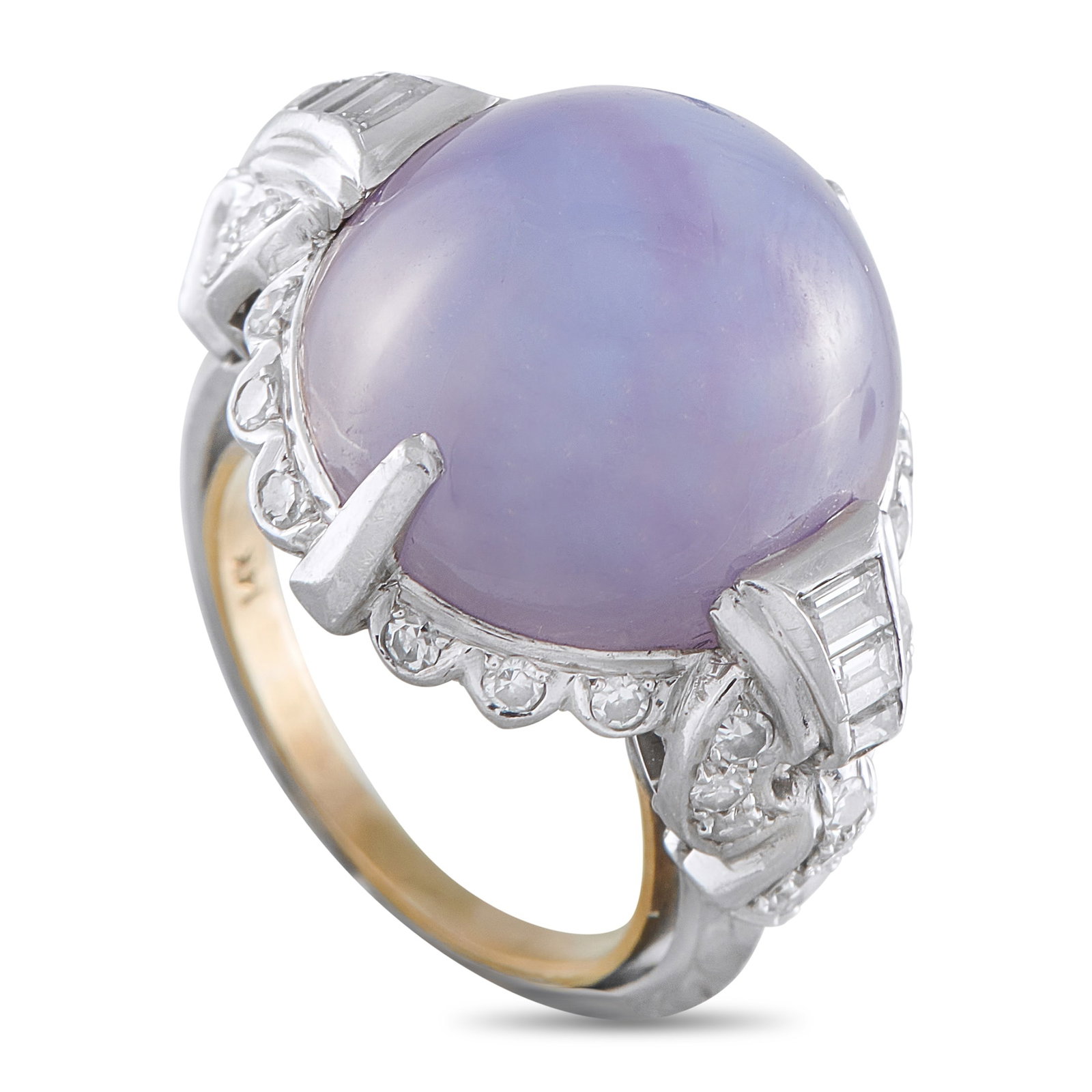 14K White Gold 0.50ct Diamond and Star Sapphire Ring: This luxury ring is an ideal accessory for anyone who appreciates uncommon elegance. A captivating 12.0 carat Star Sapphire cabochon adds a soft pop of color to the center. Sparkling Diamonds with a t