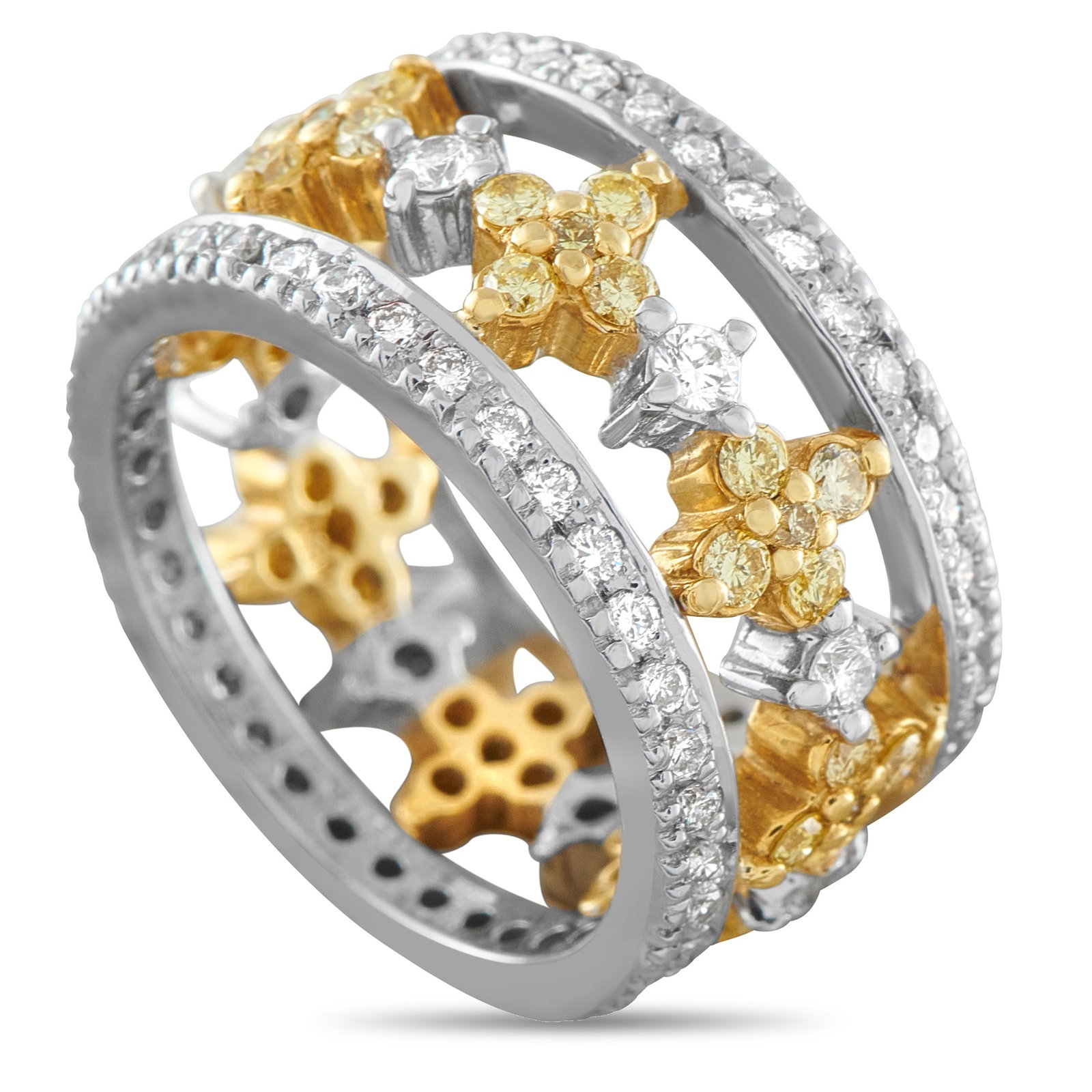 18K White Gold 1.75ct Diamond Ring: This luxury ring is unique and incredibly elegant. The detailed openwork setting comes to life thanks to inset Diamonds totaling 1.75 carats. Crafted from 18K White Gold, it measures 11mm wide and fea