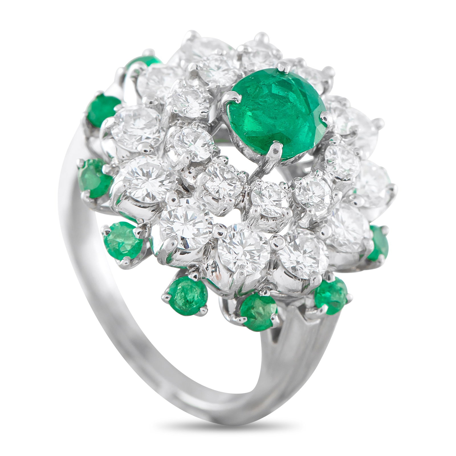 Platinum 1.55ct Diamond and Emerald Ring: An array of sparkling gemstones makes this ring endlessly impressive. Stylish and sophisticated, Emeralds with a total weight of 1.60 carats make a statement at the center and around the perimeter of 