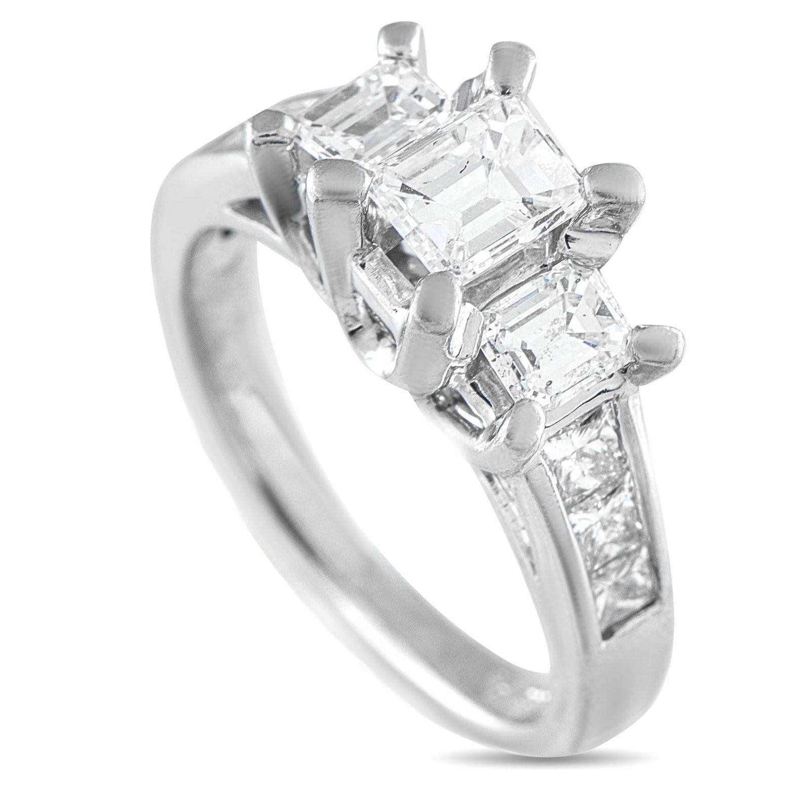 Platinum 2.08ct Diamond Ring: A clean and classic three-stone setting rounds out the elegant look of this platinum band. Right at its top-center is a 0.78 carat F-SI1 main diamond flanked by a duo of step-cut diamonds. The side st