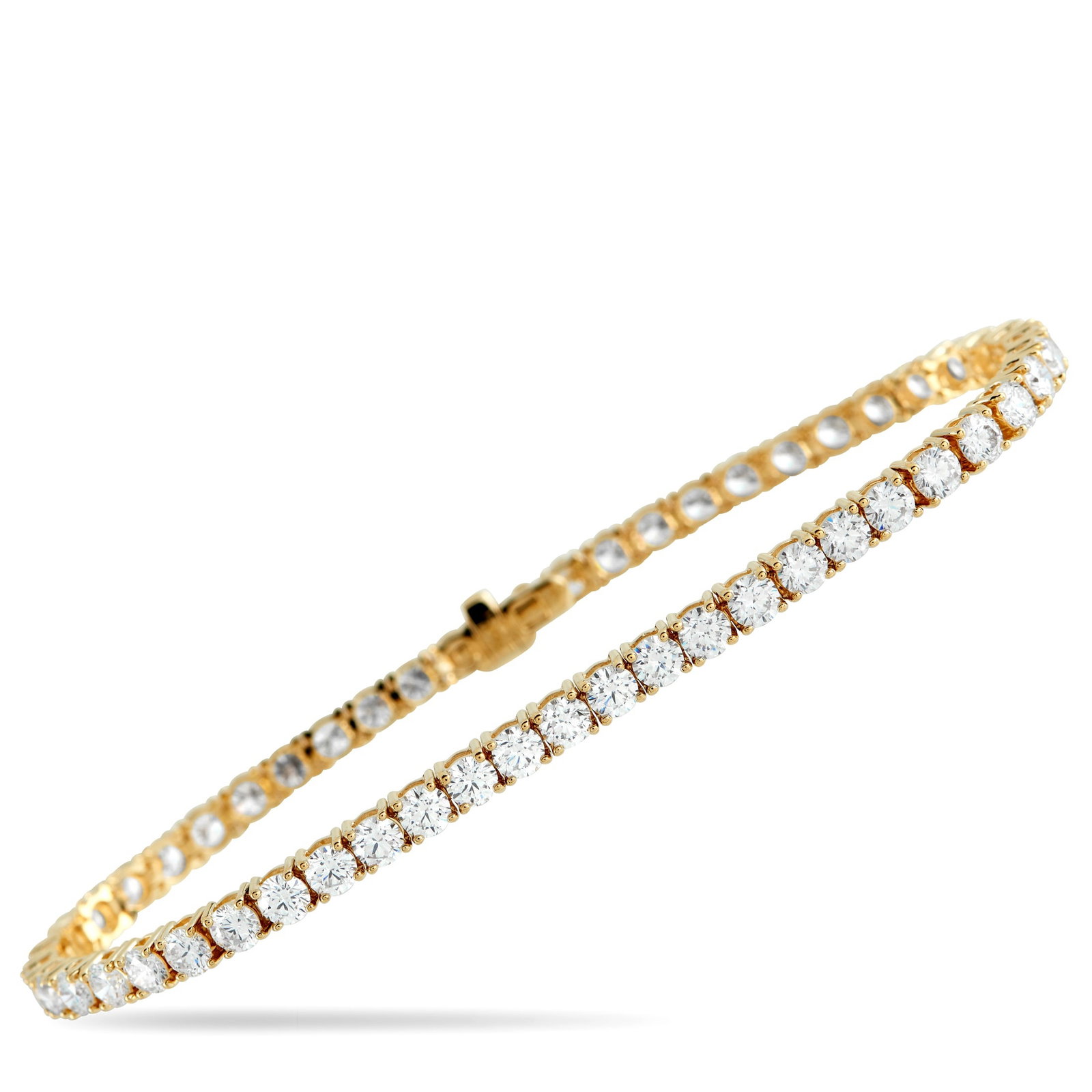 14K Yellow Gold 7.68ct Lab-Grown Diamond Tennis Bracelet: Round-cut Lab Grown Diamonds with a total weight of 7.68 carats make this classic tennis bracelet impossible to ignore. This sophisticated accessory is crafted from opulent 14K Yellow Gold for an adde