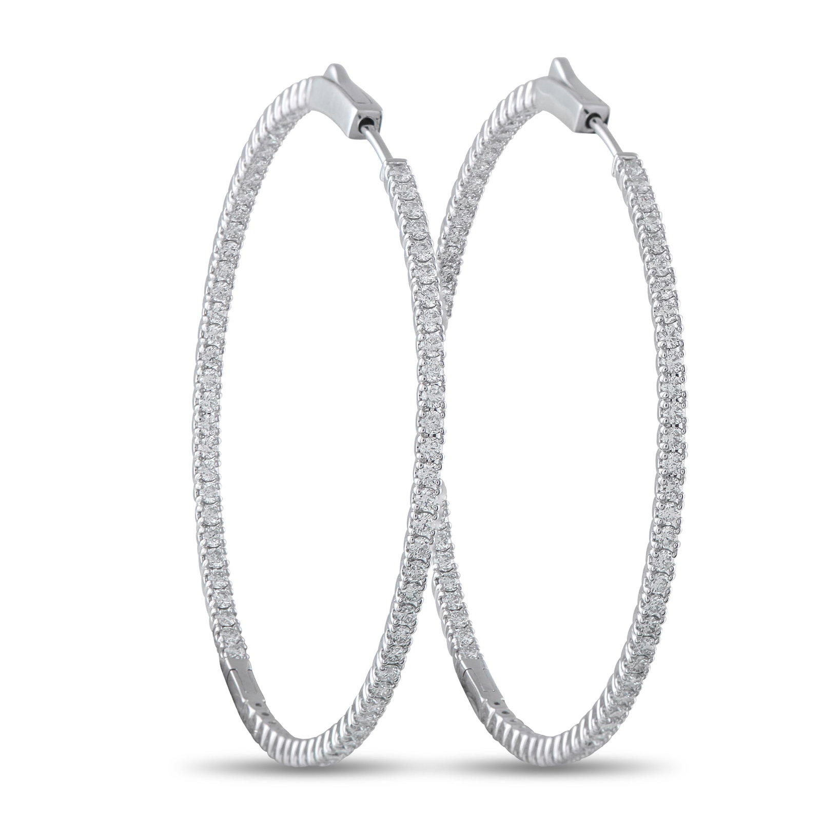 14K White Gold 2.40ct Diamond Inside-Out Hoop Earrings: Diamonds with a total weight of 2.40 carats allow these luxury hoop earrings to seemingly radiate light. Stylish and sophisticated, the minimalist 14K White Gold setting measures 1.88” round. Me