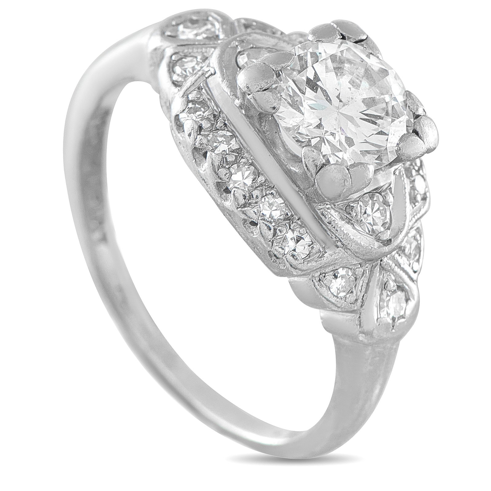 Antique Platinum 1.10ct Diamond Engagement Ring: This antique engagement ring is an ideal piece for anyone who appreciates timeless luxury. The detailed Platinum setting beautifully showcases the 0.95 carat Diamond center stone. Additional Diamonds 