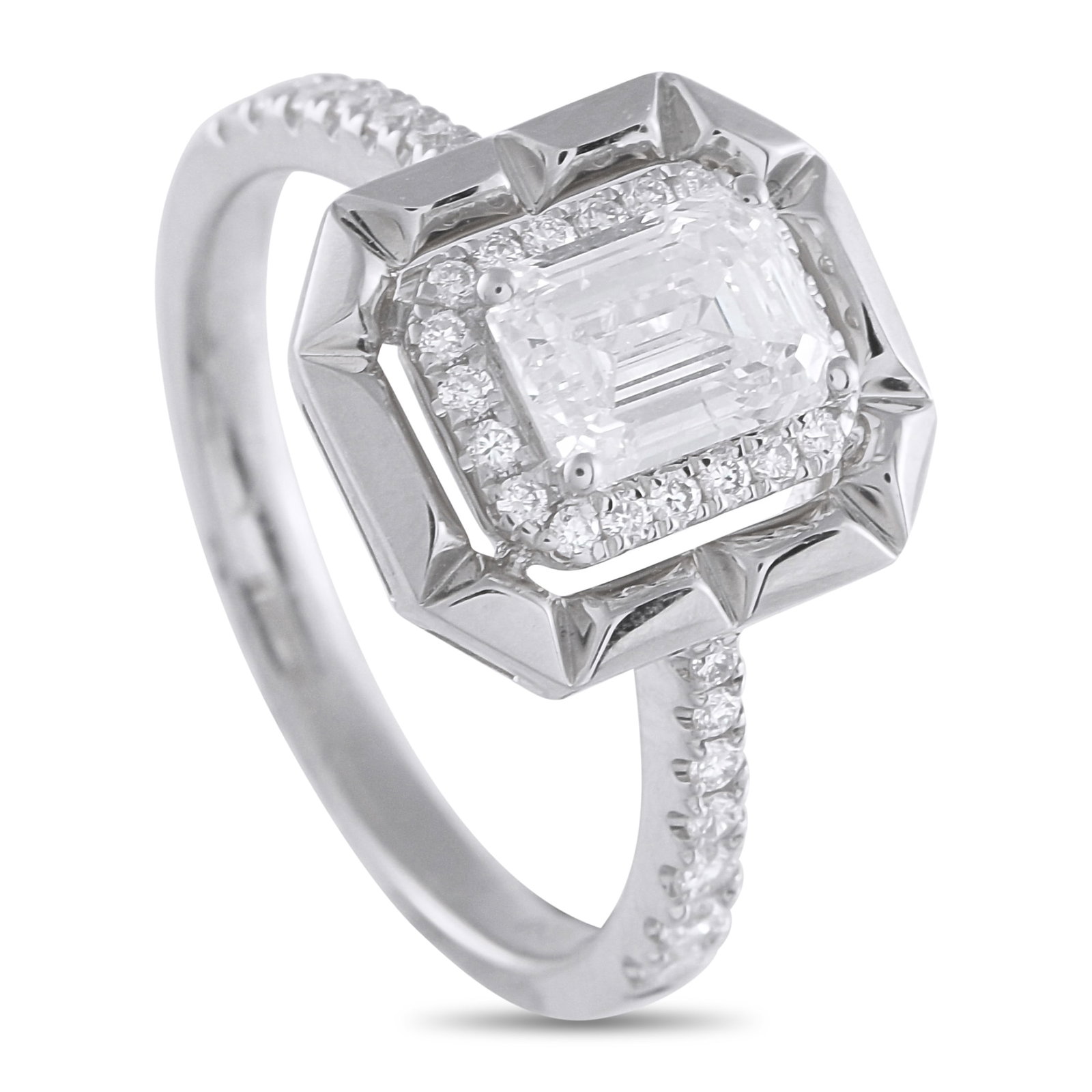 18K White Gold 1.27ct Diamond Ring: With a design rooted in structure and balance, this Exclusive diamond ring places light and geometry at the heart of its form. At its center is a 1.02-carat step-cut diamond with crisp facets. It is f
