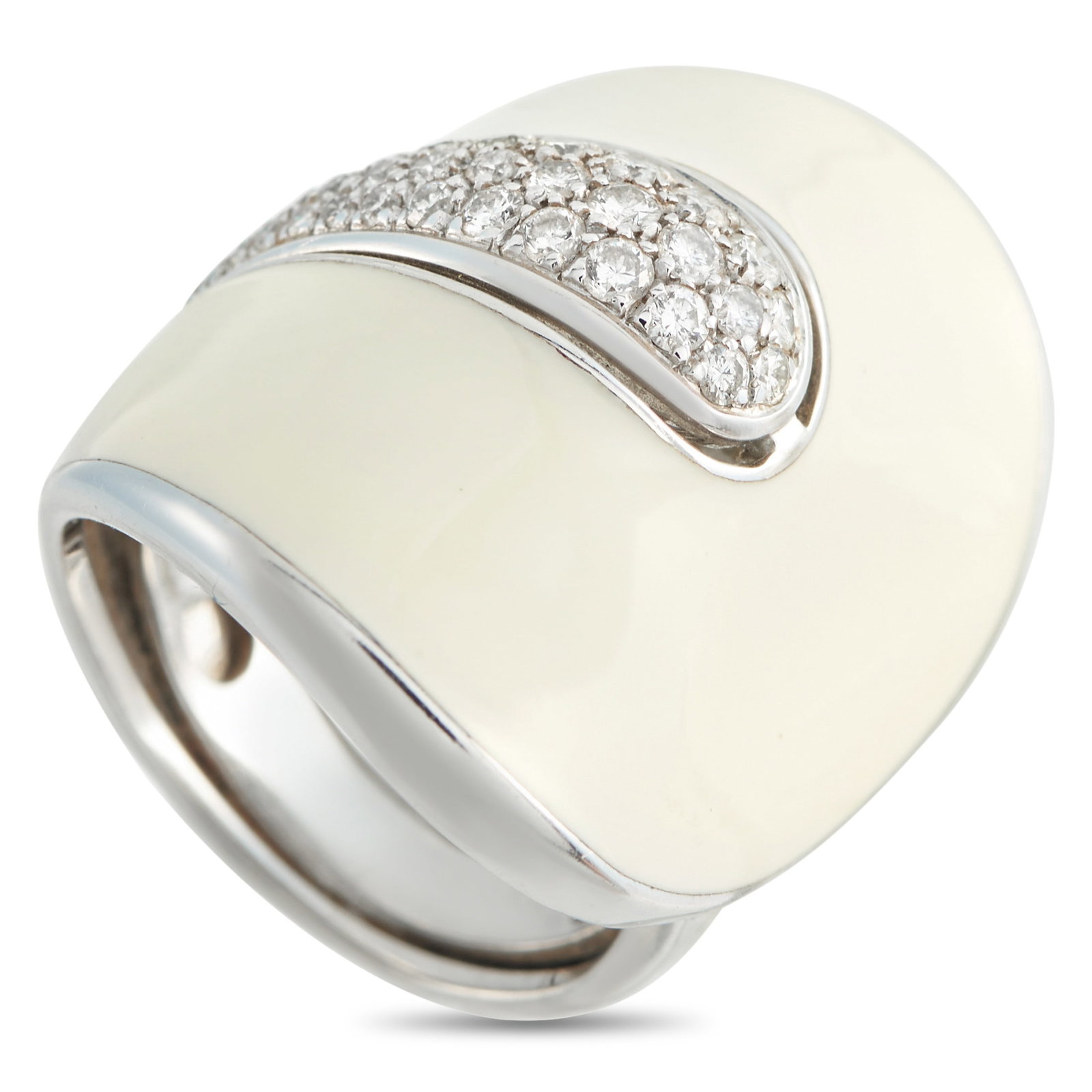 ROBERTO COIN 18K White Gold Diamond and Enamel Ring: A bold, contemporary design makes this Roberto Coin ring instantly eye-catching. Crafted from 18K White Gold, glossy Enamel is juxtaposed with sparkling inset Diamonds on this oversized piece. It feat