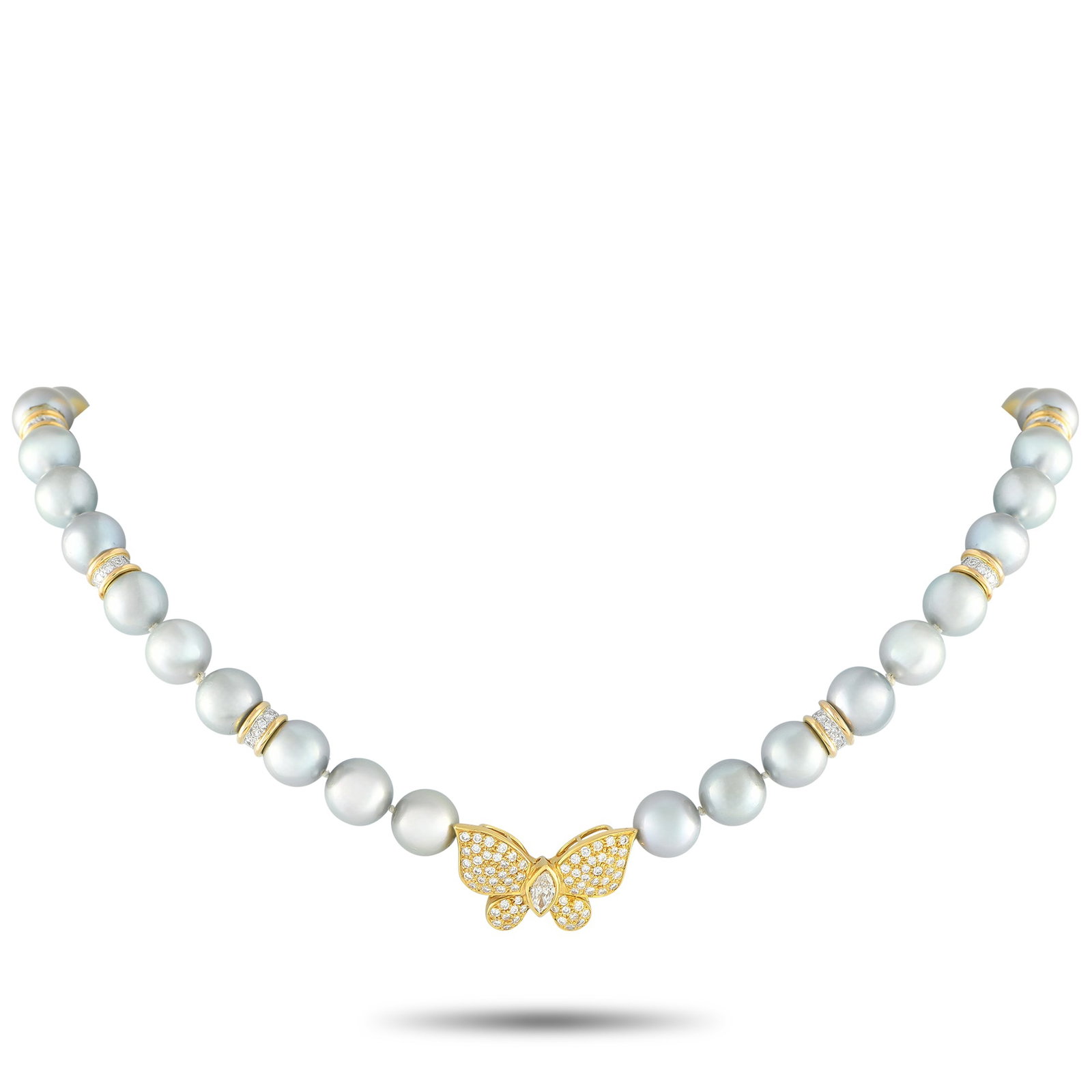 18K Yellow Gold 1.47ct Diamond and Pearl Butterfly Brooch: This exquisite necklace offers two accessories in one. At the center of the 16” strand of silver-blue Pearls lies a lustrous butterfly clasp that can be removed and worn as a brooch. This