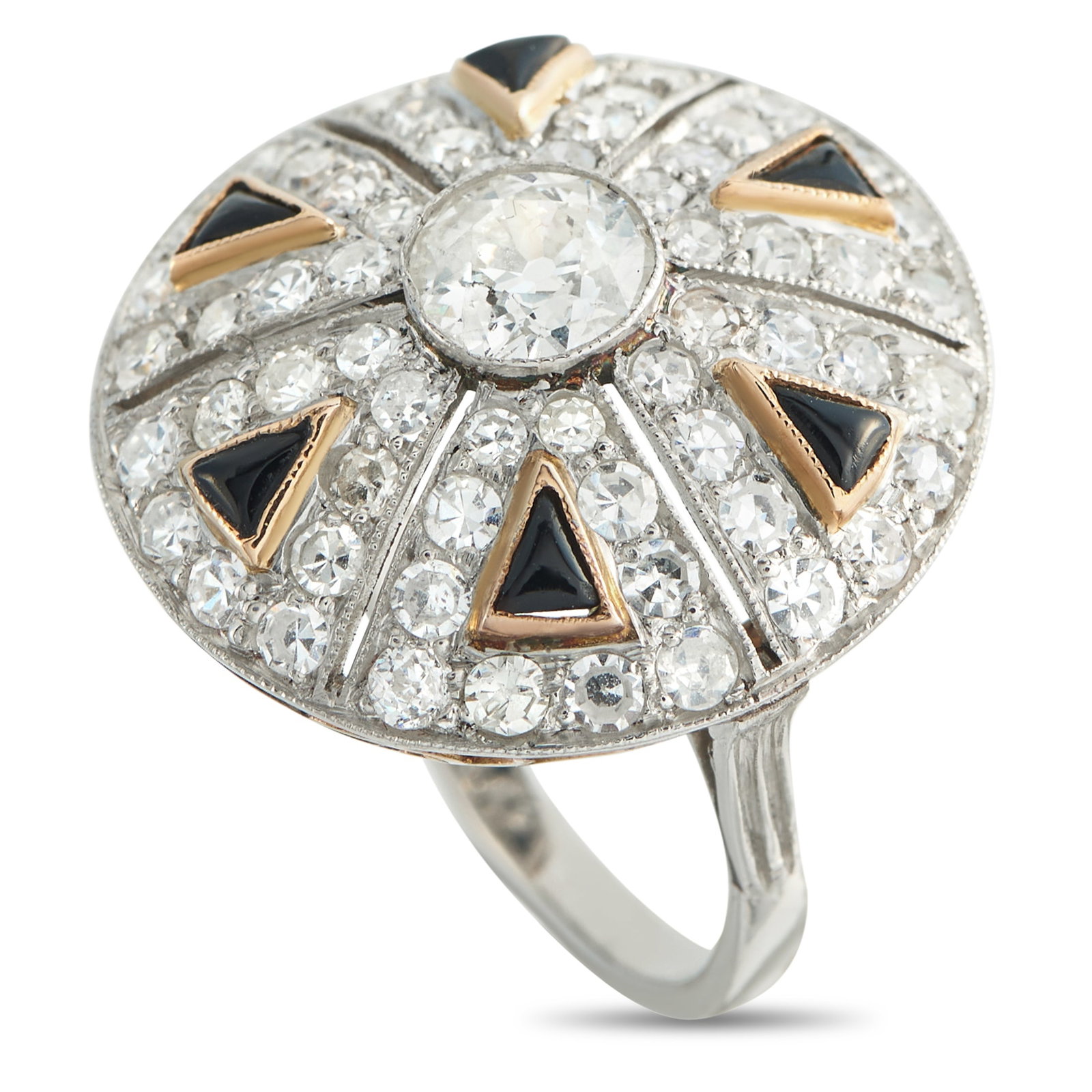 Antique Platinum 1.75ct Diamond Ring: This antique ring exudes old fashioned elegance. The circular setting is crafted from Platinum and showcases a dazzling array of Diamonds totaling 1.75 carats. Black accents add texture and dimension 