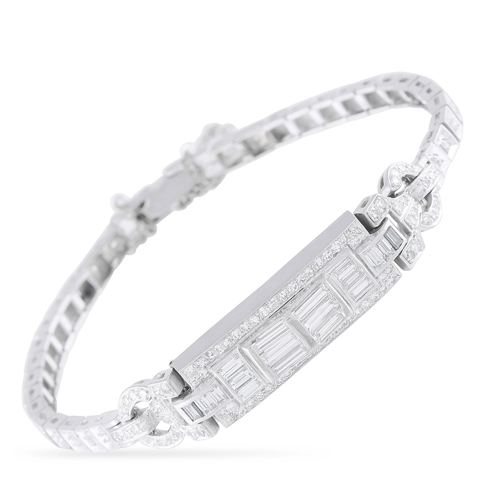 Platinum 2.40ct Diamond Bracelet: This luxury bracelet exudes vintage elegance. Set in Platinum, sparkling Diamonds with a total weight of 2.40 carats elevate the timeless Art Deco design. It measures 6.50” long and includes a