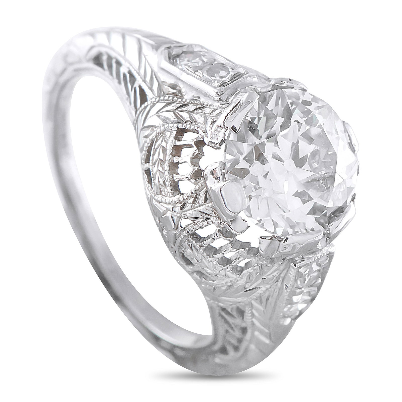 Platinum 1.84ct Diamond Ring: This luxury ring will add a touch of vintage elegance to any ensemble. At the center of the detailed Platinum setting, a 1.84 carat Diamond with J color and I clarity makes a scintillating statement. 