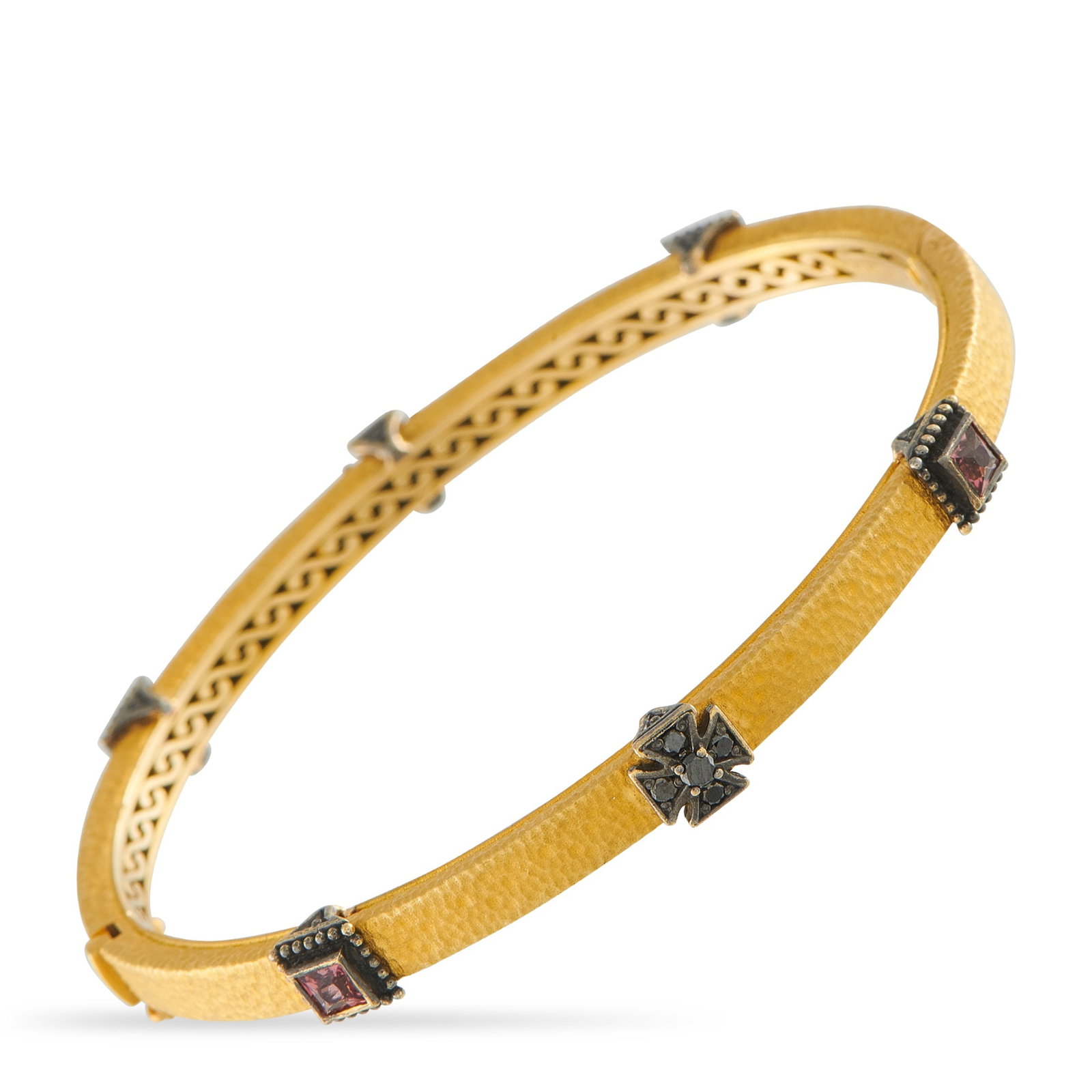 KONSTANTINO 18K Yellow Gold Black Diamond and Tourmaline Bangle: This Konstantino bangle bracelet is simply elegant. The understated design comes to life thanks to Tourmaline gemstones and Black Diamond accents. Crafted from hammered 18K Yellow Gold, it measures 6.