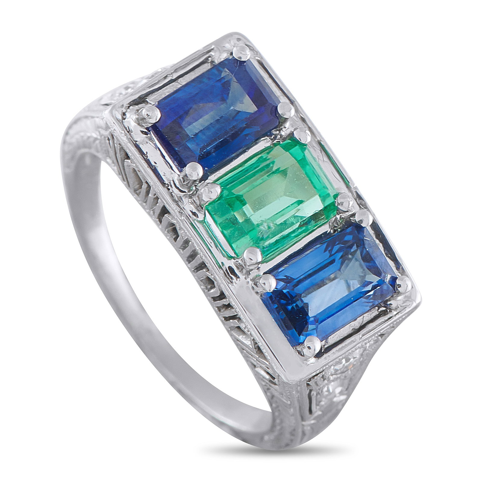 Platinum 0.10ct Diamond, Emerald, and Sapphire Ring: An intricate Platinum setting makes this ring elegant from any angle. The striking design comes to life thanks to the 0.95 carat Emerald center stone and Sapphire accents totaling 1.80 carats.