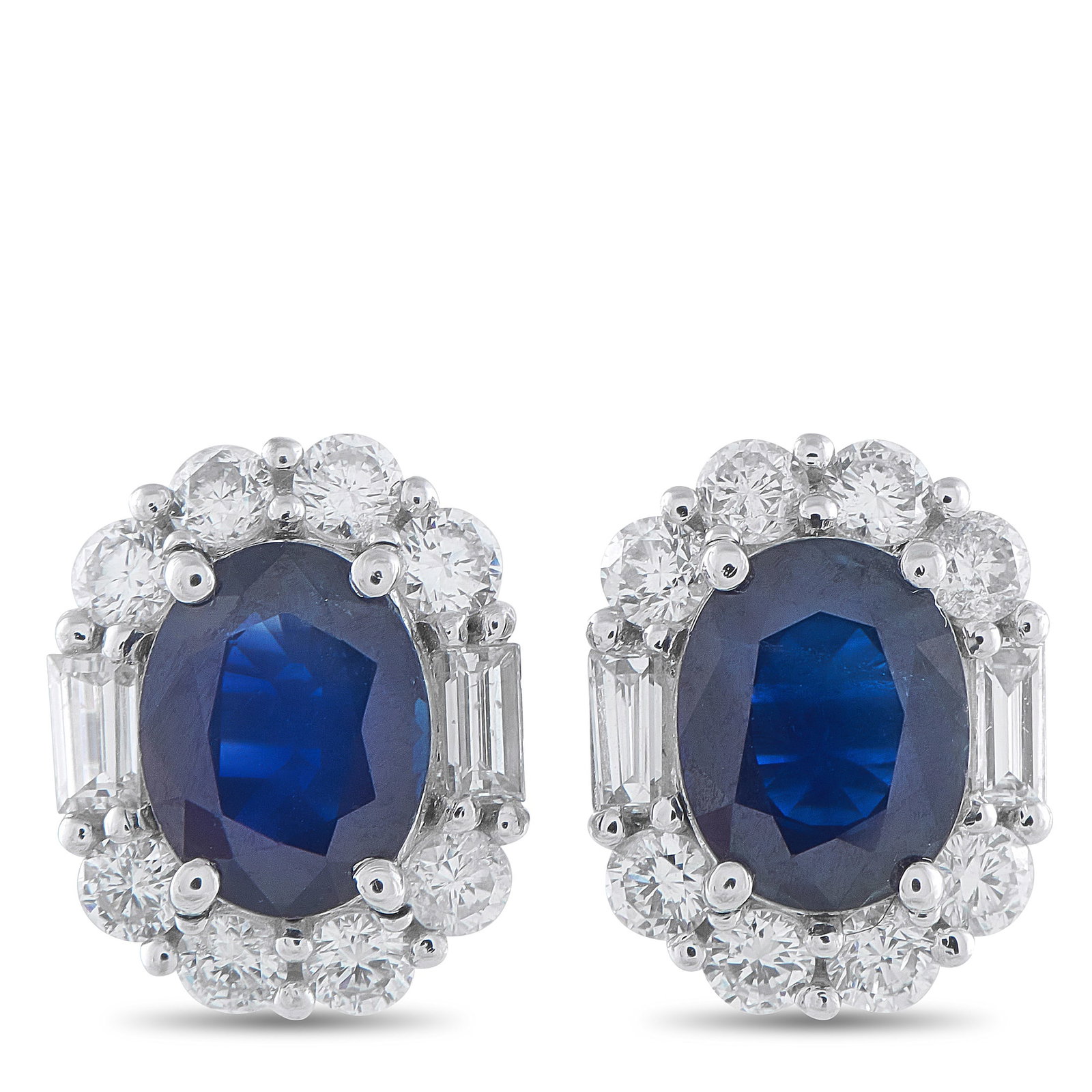 Platinum 1.86ct Diamond and Sapphire Earrings: These classic earrings are truly timeless in design. Sapphires with a total weight of 4.62 carats add a captivating pop of color to the center, while Diamonds totaling 1.86 carats provide the perfect 