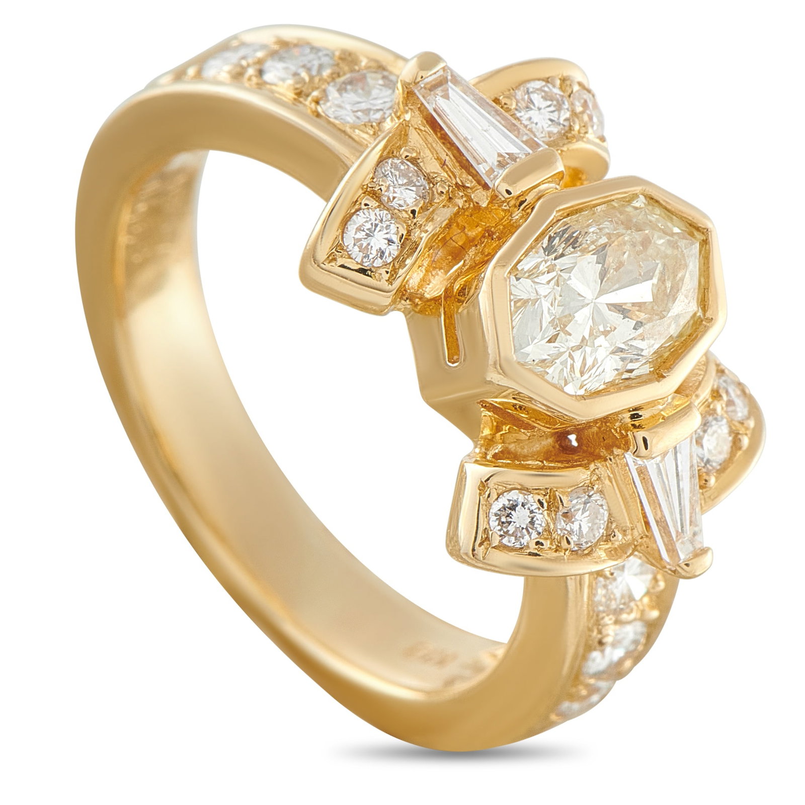 18K Yellow Gold 1.52ct Diamond Ring: This luxury ring is simply exquisite. At the center of the detailed 18K Yellow Gold setting, a 0.84 carat Diamond makes a sparkling statement. Additional Diamonds with a total weight of 0.68 carats ad