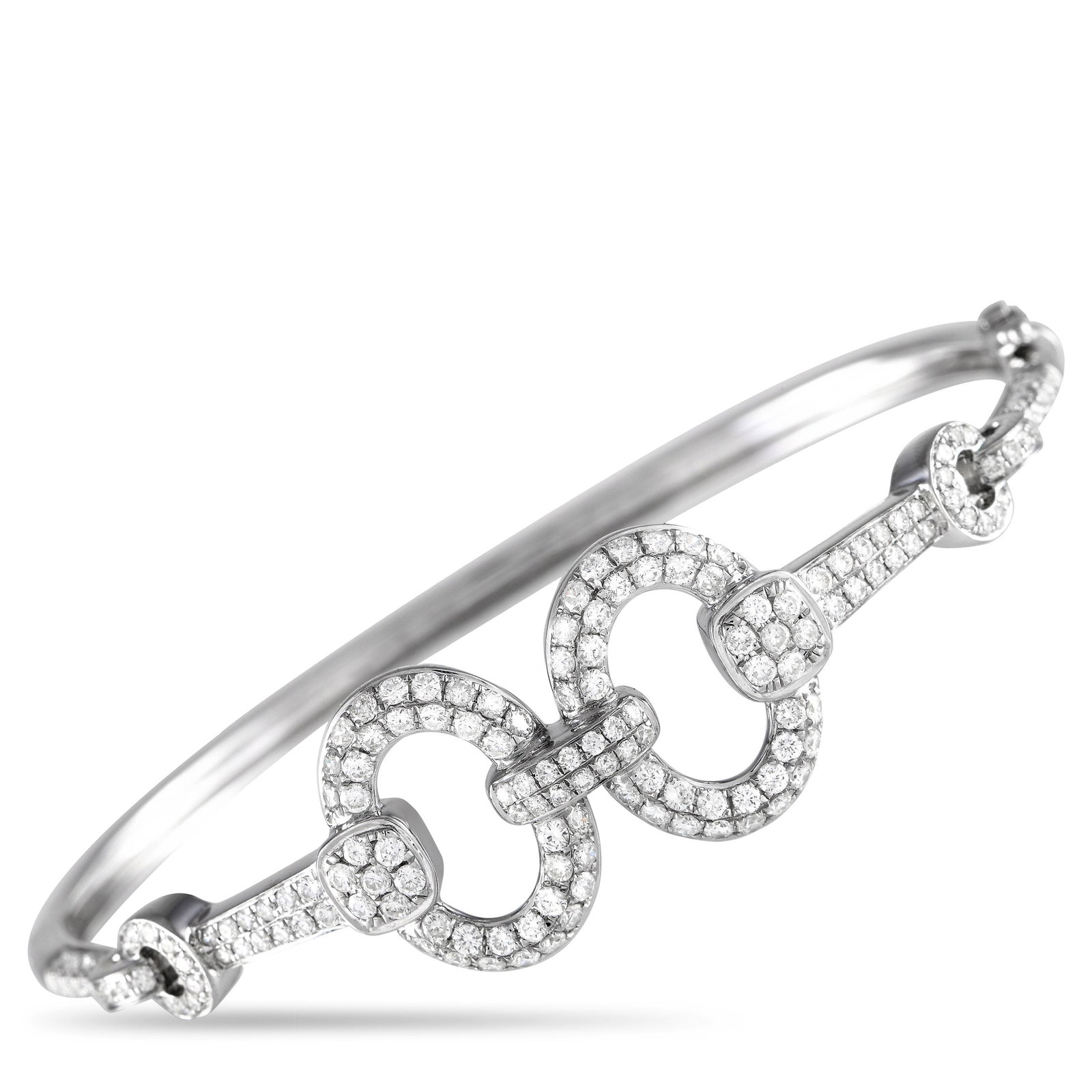 18K White Gold 1.85ct Diamond Bracelet: This luxurious 18K white gold bracelet is designed to catch the light and capture your imagination. The classic horse bit is elevated thanks to sparkling inset diamonds with a total weight of 1.85