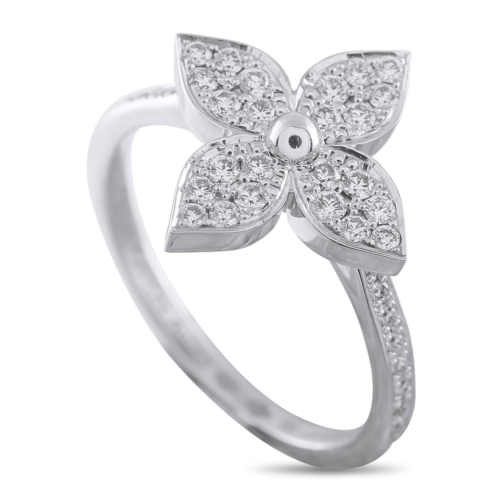 LOUIS VUITTON 18K White Gold Diamond Star Blossom Ring: This expertly crafted Louis Vuitton Star Blossom ring is simply exquisite. Set in 18K White Gold, it’s illuminated by a dazzling array of pavé Diamonds for maximum sparkle. A 1mm wide band and a 4m