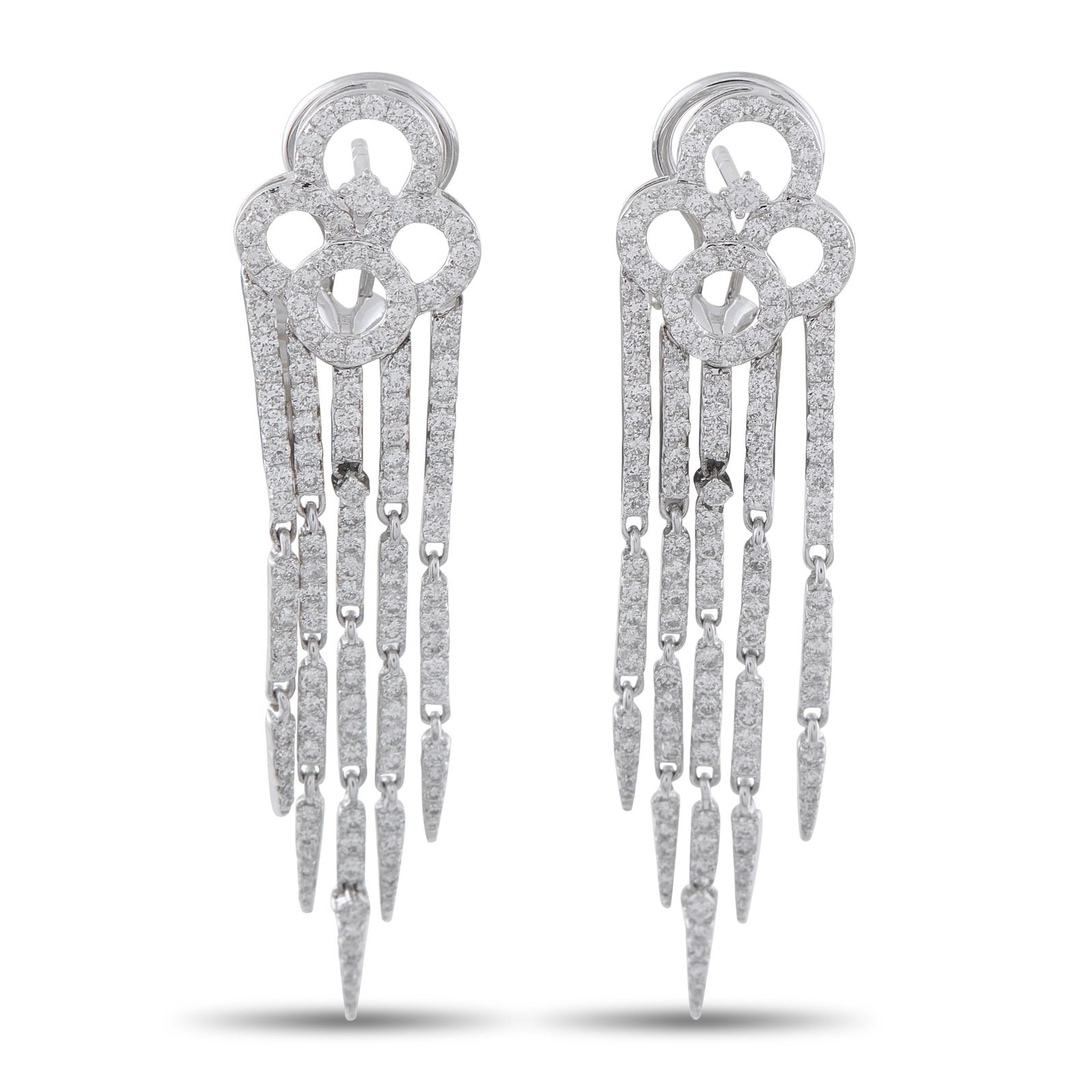 18K White Gold 3.20ct Diamond Dangle Earrings: These luxury earrings are delicate, dynamic, and full of movement. Crafted from 18K White Gold, Diamonds with a total weight of 3.20 carats accent the base and cascade down the sleek hanging strands. 