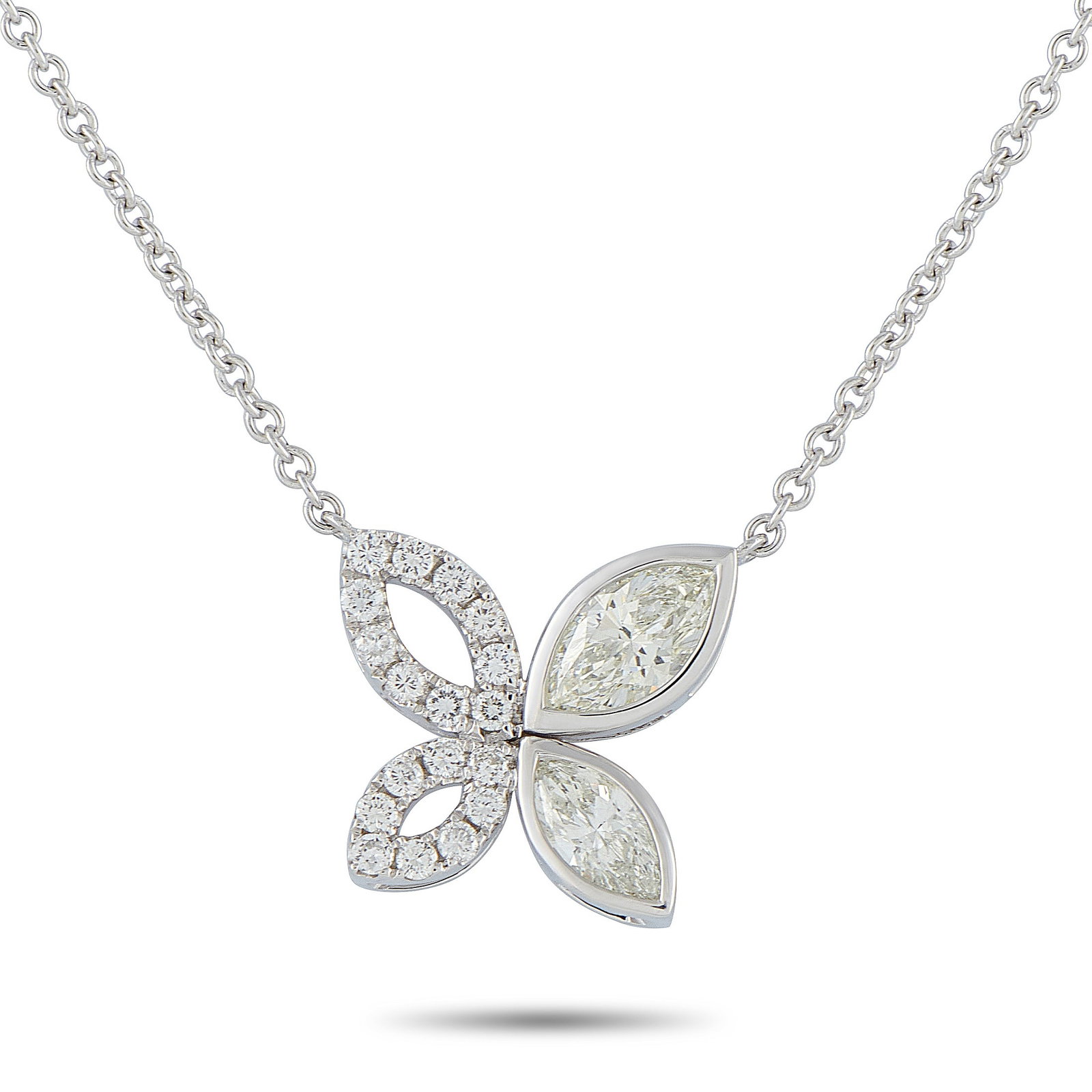 18K White Gold 1.62ct Diamond Butterfly Necklace: Crafted in polished white gold, this butterfly necklace is defined by four marquise panels arranged into softly outspread wings. One side has two wings set with marquise-cut diamonds, secured in sleek