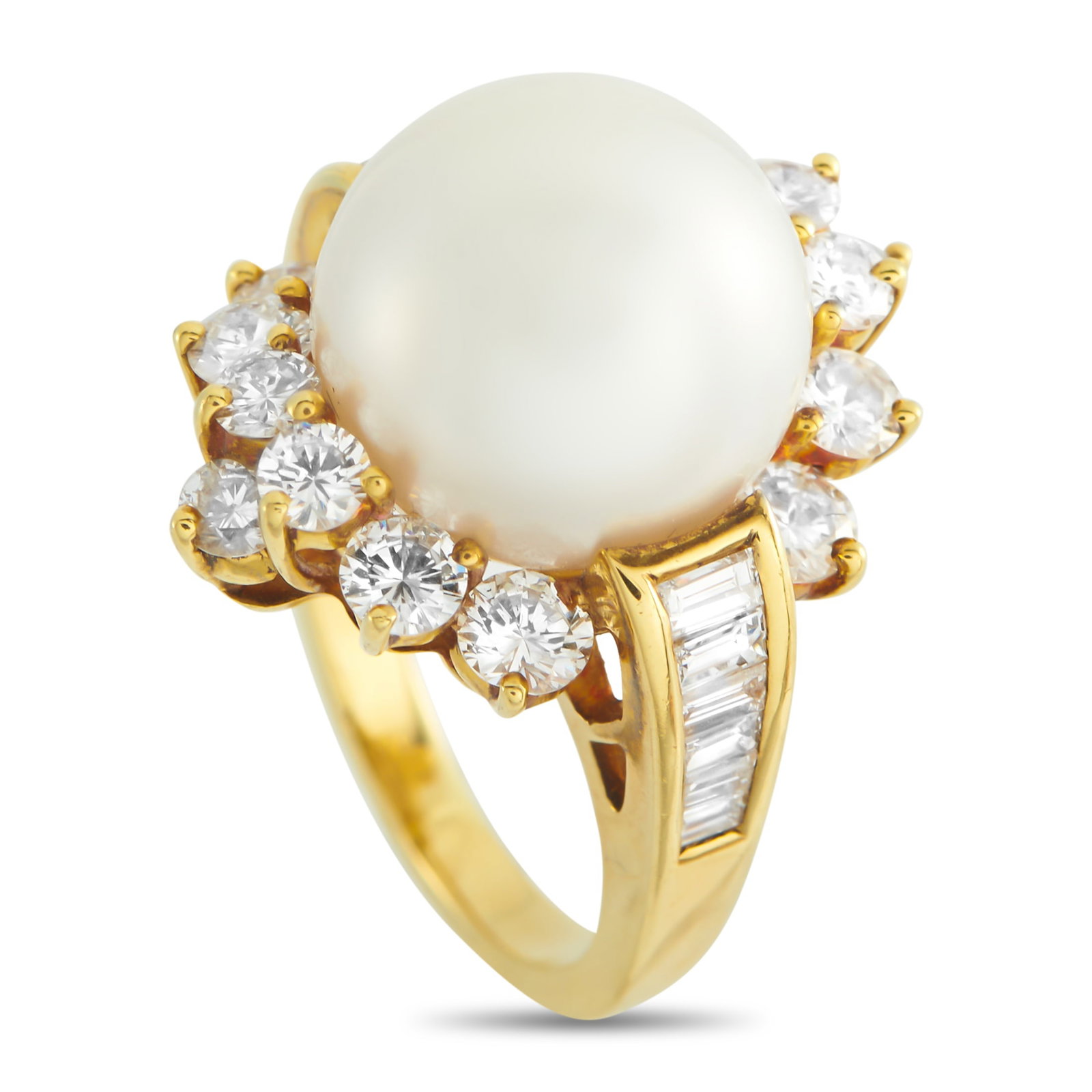 18K Yellow Gold 2.25ct Diamond and Pearl Ring: This ring is an heirloom piece that will never go out of style. A 13.7mm Pearl makes a statement at the center of the design. It’s surrounded by Diamonds totaling 2.25 carats, which add sparkle and 