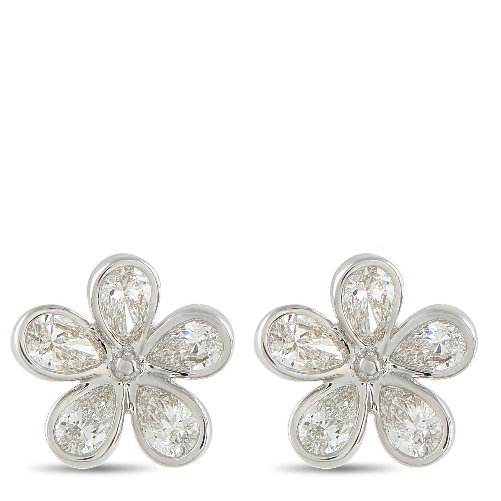 18K White Gold 2.50ct Diamond Flower Earrings: Delicate yet dazzling, these flower-shaped studs bloom in 18K white gold. Five pear-cut diamonds form the petals, each set in polished bezels that let every facet shine. Together, they total 2.5
