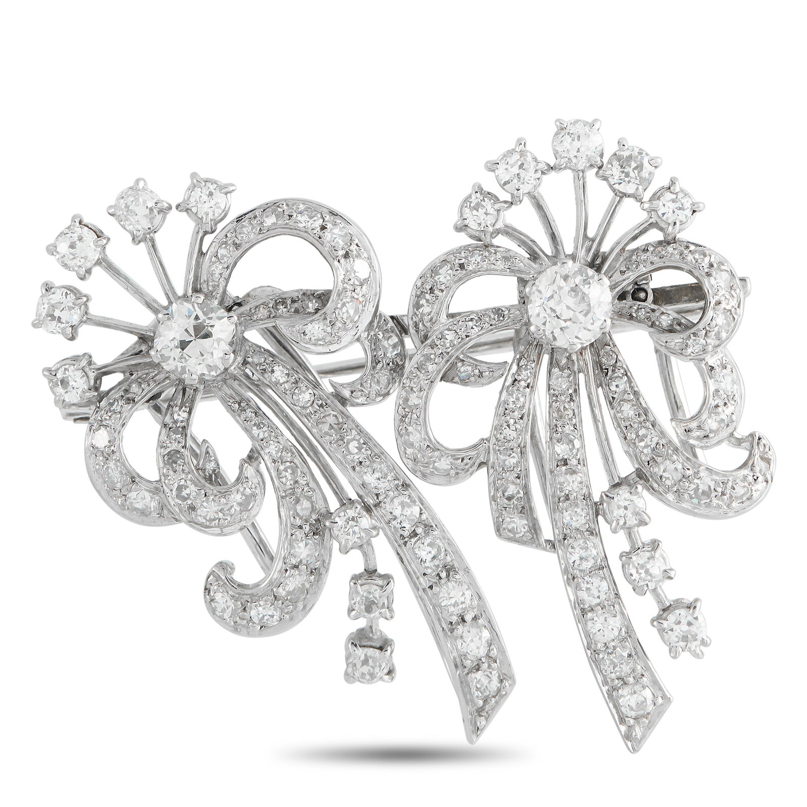 Platinum 3.0ct Diamond Brooch: This brooch is a sophisticated luxury piece that is poised to put the perfect finishing touch on any ensemble. The intricate Platinum setting is elevated by sparkling Diamonds with a total weight of 3